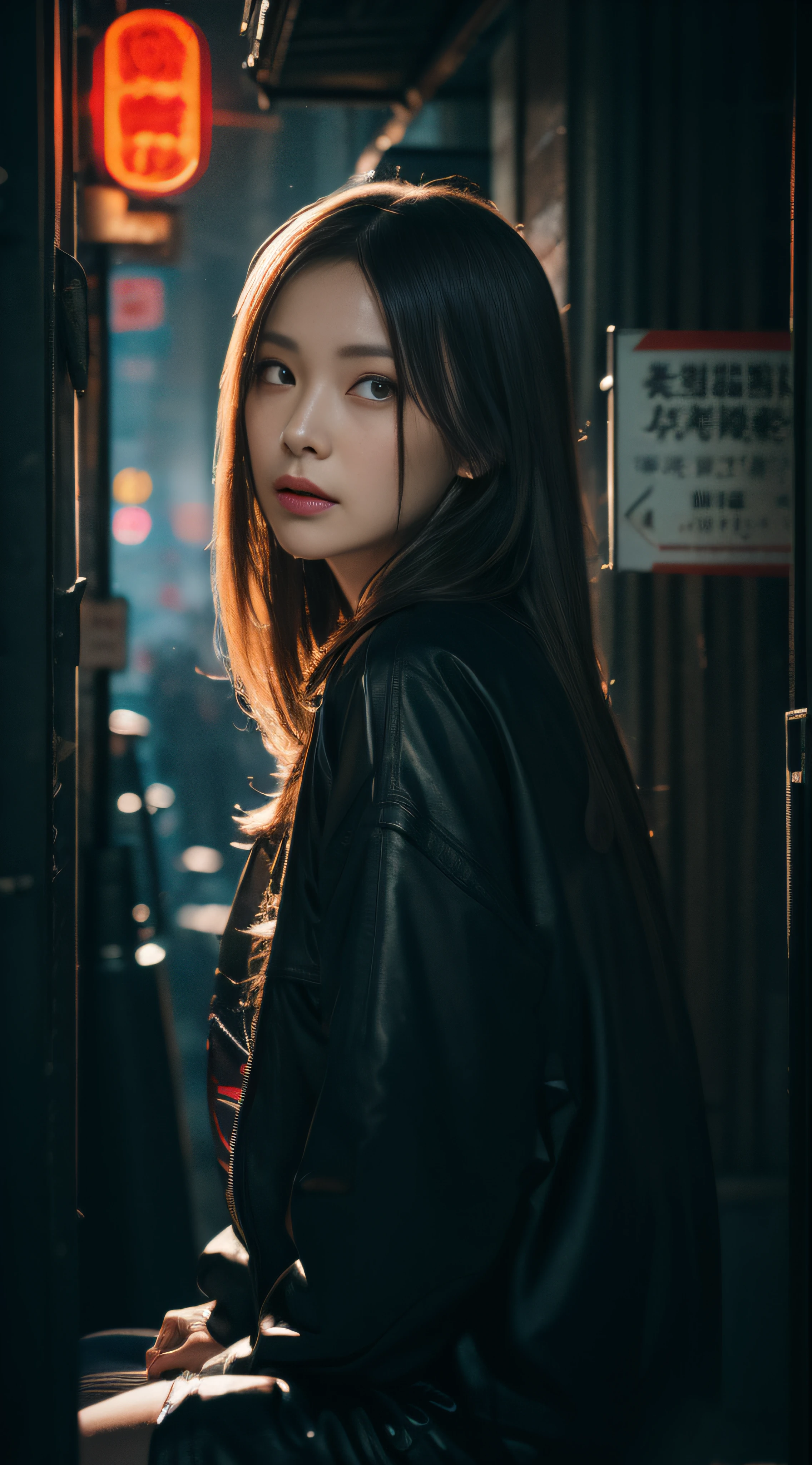 masterpiece、hightquality、Soio、beautiful model、Back lighting、beautiful hairl、A detailed eye、Dramatic scenes、Rain on neon sign street、Beautiful 26 year old woman sitting on bench, Sitting facing the front、Kneeling、Blade Runners Air、full body Esbian、Cinematic. leng jun, Anime style mixed with Fujifilm, mid shot portrait, cyberpunk streetwear, Inspired by Liam Wong, inspired by Kanō Naizen, cyberpunk vibe, cyberpunk photo, muted cyberpunk style, Medium shot portrait, hyper-realistic cyberpunk style, wearing cyberpunk streetwear、Powerful Hand Pose、low angles、wide-angle lens、14mm lens、sigma、Depth of subject、8K High Resolution、细致背景、Drawing with enhanced hair details、A detailed face、more hair、Detailed nose、Detailed mouth、Detailed body、stares at the camera、Hair details