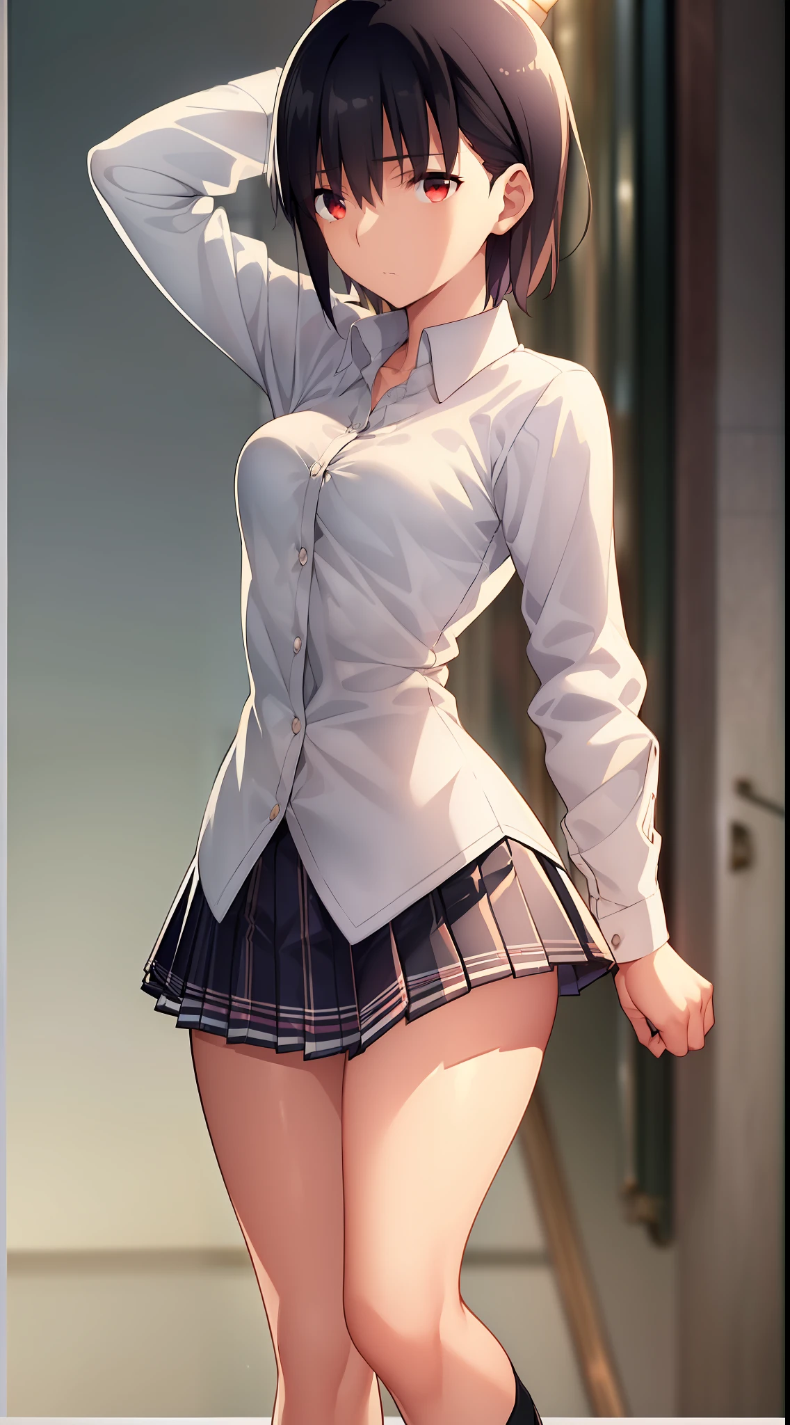 {{beautiful}}, amazing, (best quality:1.5), (masterpiece:1.5), extremely delicate and beautiful, intricate details, finely detailed, extremely detailed, beautifully detailed, ultra-detailed, (hyperdetailed:1.5), high resolution, (illustration), watercolor pencil, Clear line drawing, (ufotable style:1.1), (ufotable screen cap:1.1), anime coloring, anime screencap, (latest picture), backlighting, dynamic angle, glow, depth of field, {{body satisfaction}}, (body with a good balance of style:1.5), (slender figure:1.5), perfect body, perfect hands, perfect feet, (two arms:1.2), (two legs:1.2), (five fingers each:1.2), (perfect joint:1.2), perfect joint movement, beautiful detailed eyes, (detailed eyes:1.5), finely detailed eyes, perfect anatomy, full dissection, perfect composition, correct limbs, balance and coordination in all things, realistic:0.5, precise fingers and hands, (finely drawn hair:1.5), {{shy girl}}, (black hair:1.3), (short hair:1.3), (straight hair:1.3), ponytail, bangs, (red eyes:1.3), (medium breasts:1.3), (small-sized buttocks:1.3), {{school uniform}}, (white collared shirt:1.5), white shirt, breast tent, (checkered pleated skirt:1.5), checked skirt, pleated skirt, (unbutton one's first button:1.5),