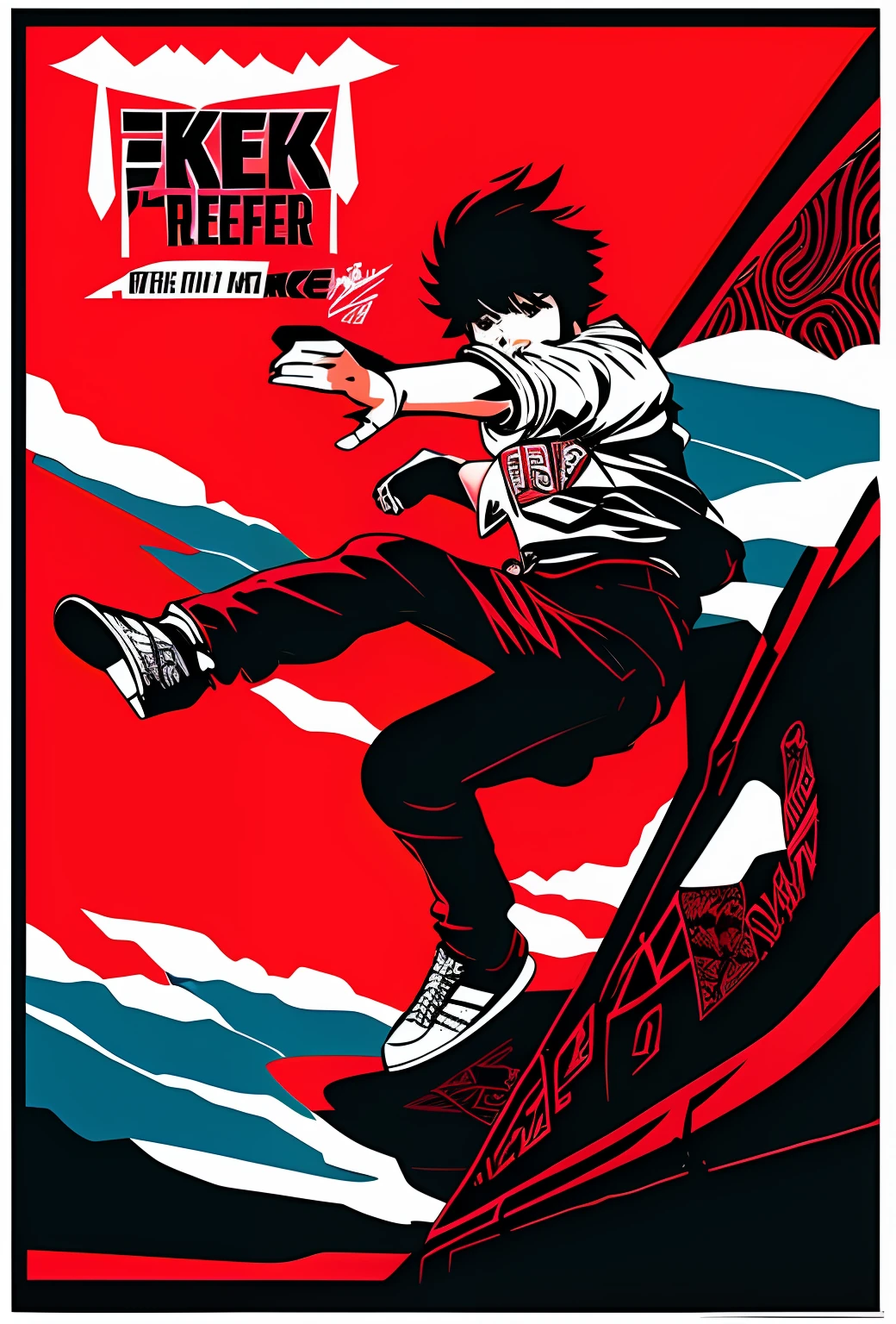 High-quality posters in anime style in 2022 in skate park，Skateboarders are performing tricks，Paired with the art style of Sket - One x iamretro，Black-red tones，Vintage style poster，detail-rich。High-quality posters in the same style in 2023。