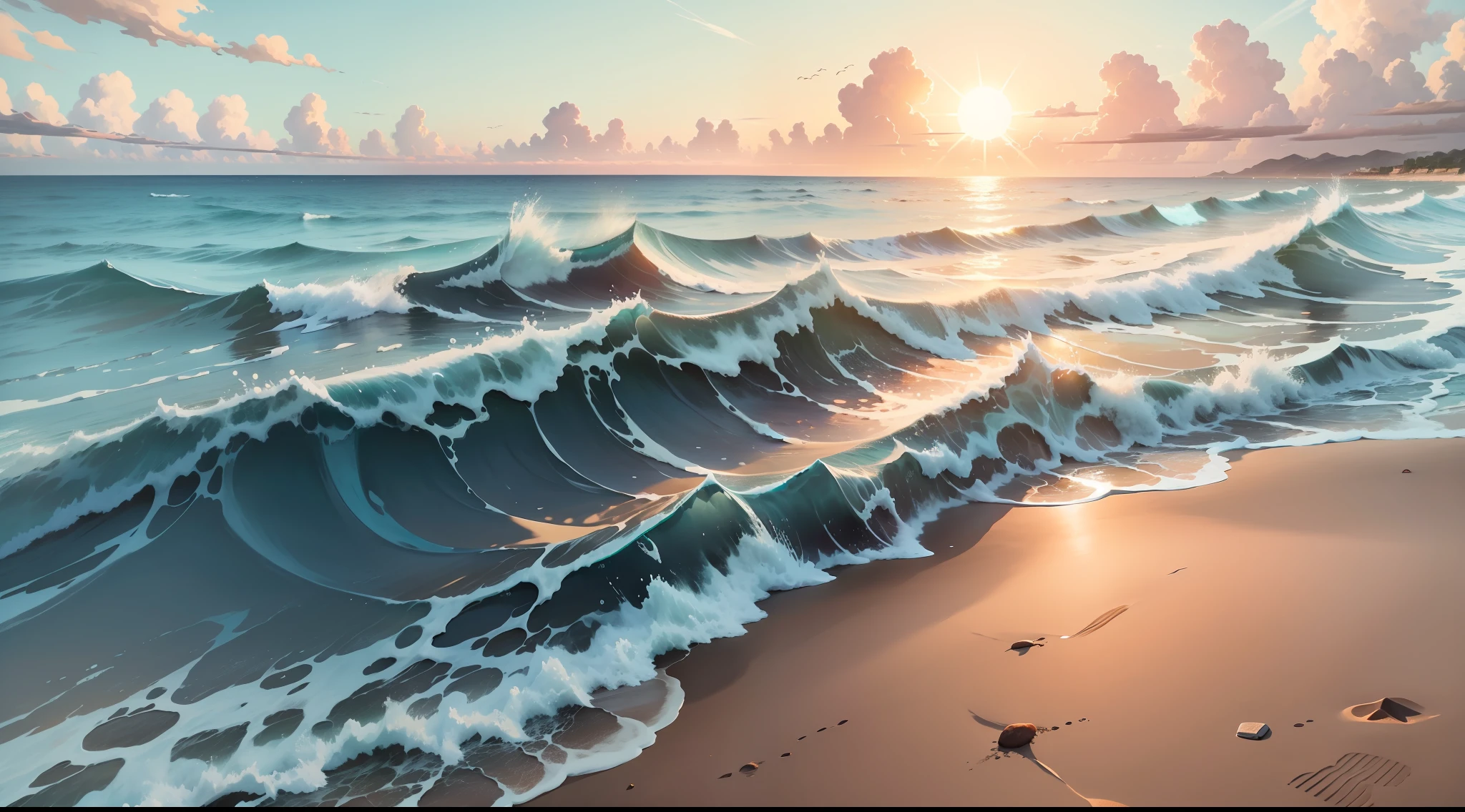 Alladid view of the beach with waves and sun, Morning sea, beautiful ocean, photos of the ocean,, morning, peaceful emotions, Sea view, Beautiful morning, gentle waves, calm ocean landscape, turquoise horizon, calm sea environment、White sandy beach