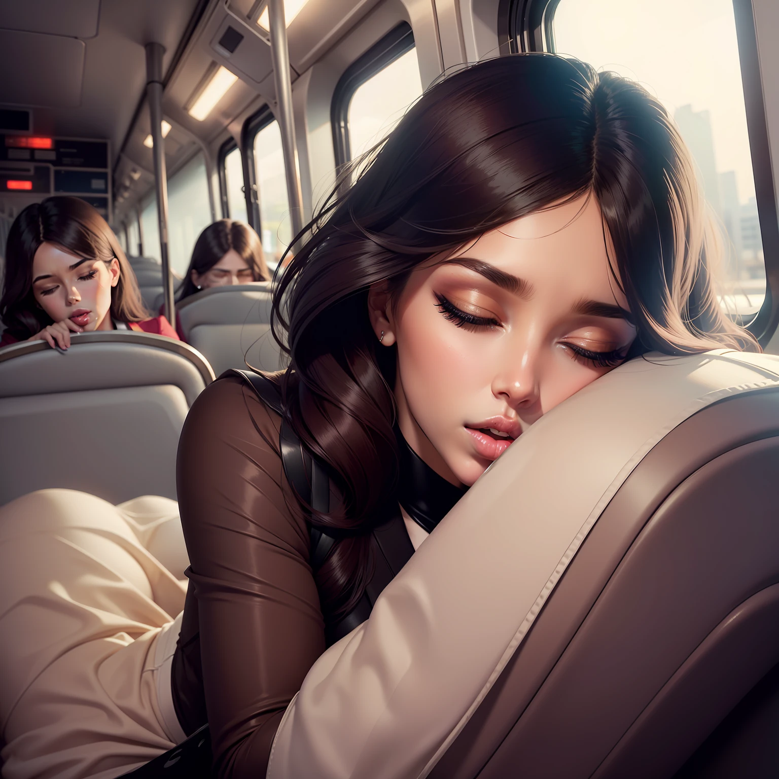 1 Beautiful woman, similar to Kim Kardashian, large eyelashes, full glossy lips, drooling, sleeping with her mouth open, snoring, sleeping lying on the bus, head leaning up on the seat with her mouth open, dressed as a flight attendant, eyes outlined, eyes closed.