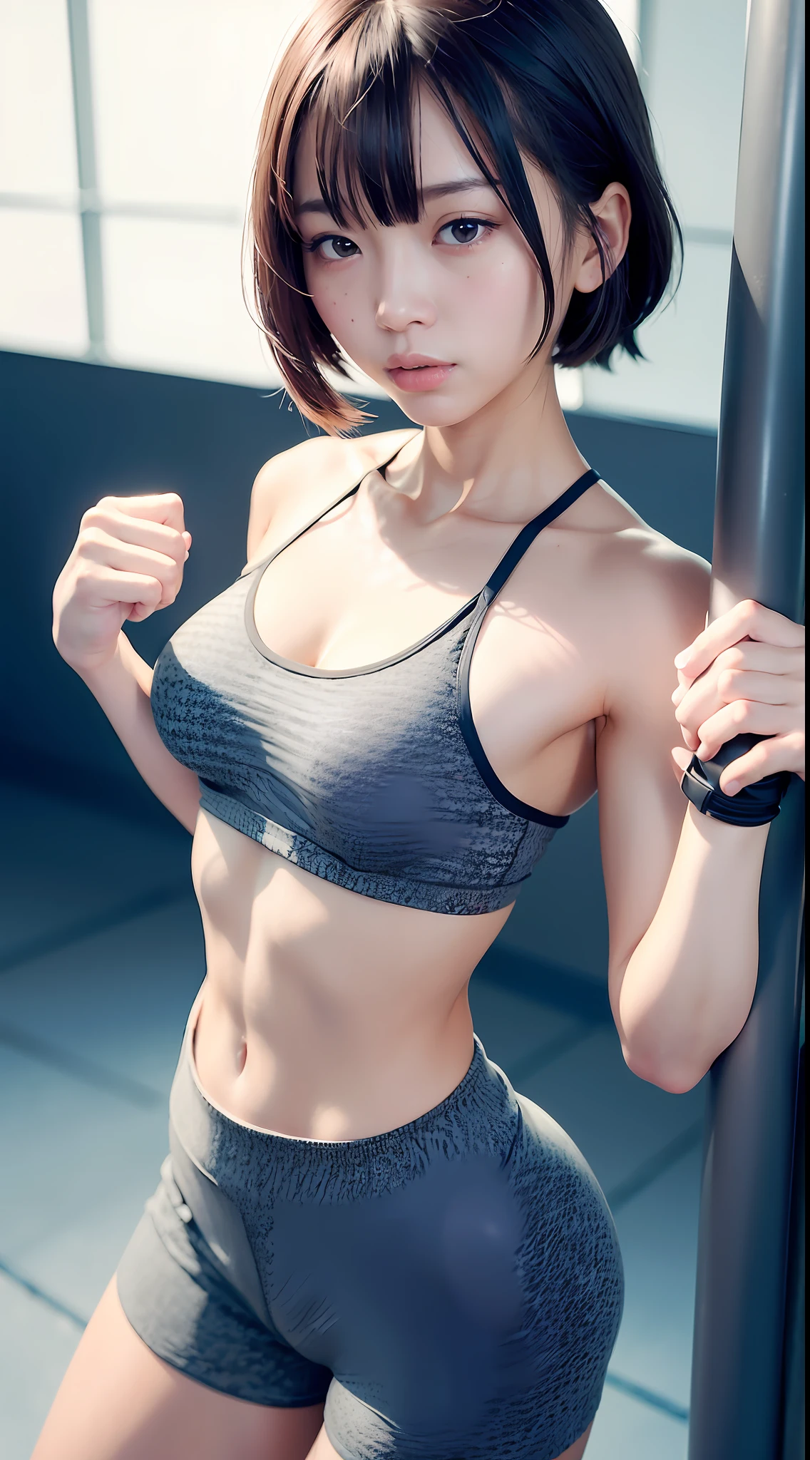 Good hands、4K、1人、) RAW portrait of girl exercising in gym)、Hi-Res、​masterpiece、top-quality、cap:1.3、(japanes) 、Long、Very cute、finely detailed skin、Focusing、(Cinema Lighting)、鎖骨、Soft lighting、dynamic ungle、[: (A detailed face:1.2): 0.2]、Thigh Gaps、Slim body、(m breasts))、full bodyesbian、(Gym Clothes)、(gym shorts)、Tank tops、Gym background、Gym equipment、(animesque、official_art: 1.1)、(Anime Screenshots:1.1)、(Girl 1、solofocus:1.2)、(Fisheye:0.9)、Ray traching:0.5、depth of fields:1.0、Bokeh:0.6、Gold Ray:1.0、vivd colour:0.8、Cinematic Hard Lighting:0.7、real shadow:1.2、