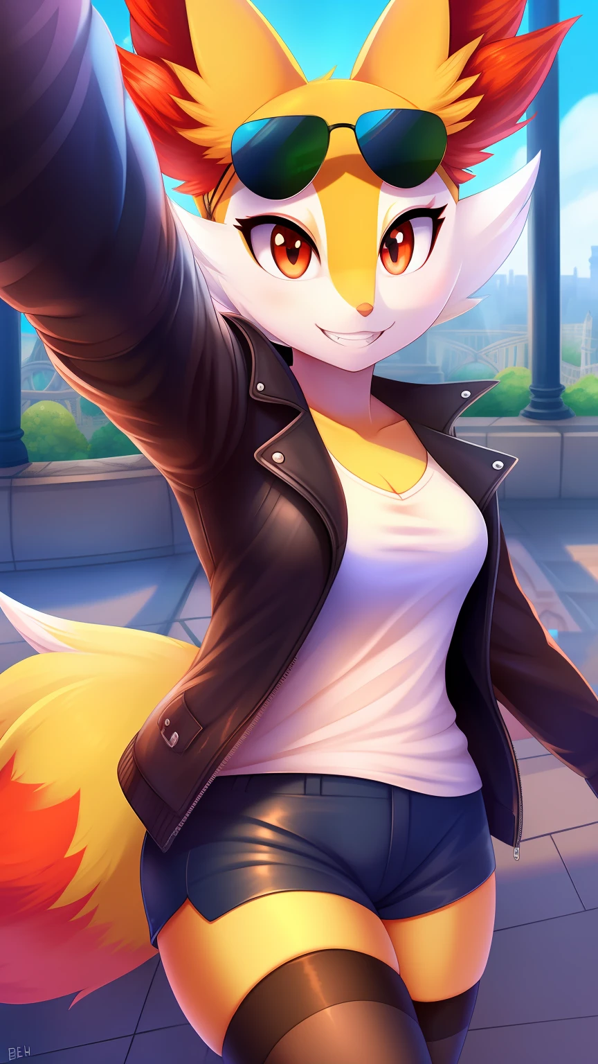 Braixen (pokemon), detailed,masterpiece of the best quality, bzeh art style, day, eiffel tower background, france,1woman,looking at the viewer,pokemon (franchise),two-tone skin, orange skin,solo,,lower black skin,beautiful lighting, detailed shading, smile, intricate details, white t-shirt with kirby drawing, leather jacket,  stockings with lines, sunglasses, selfie, smile with teeth,