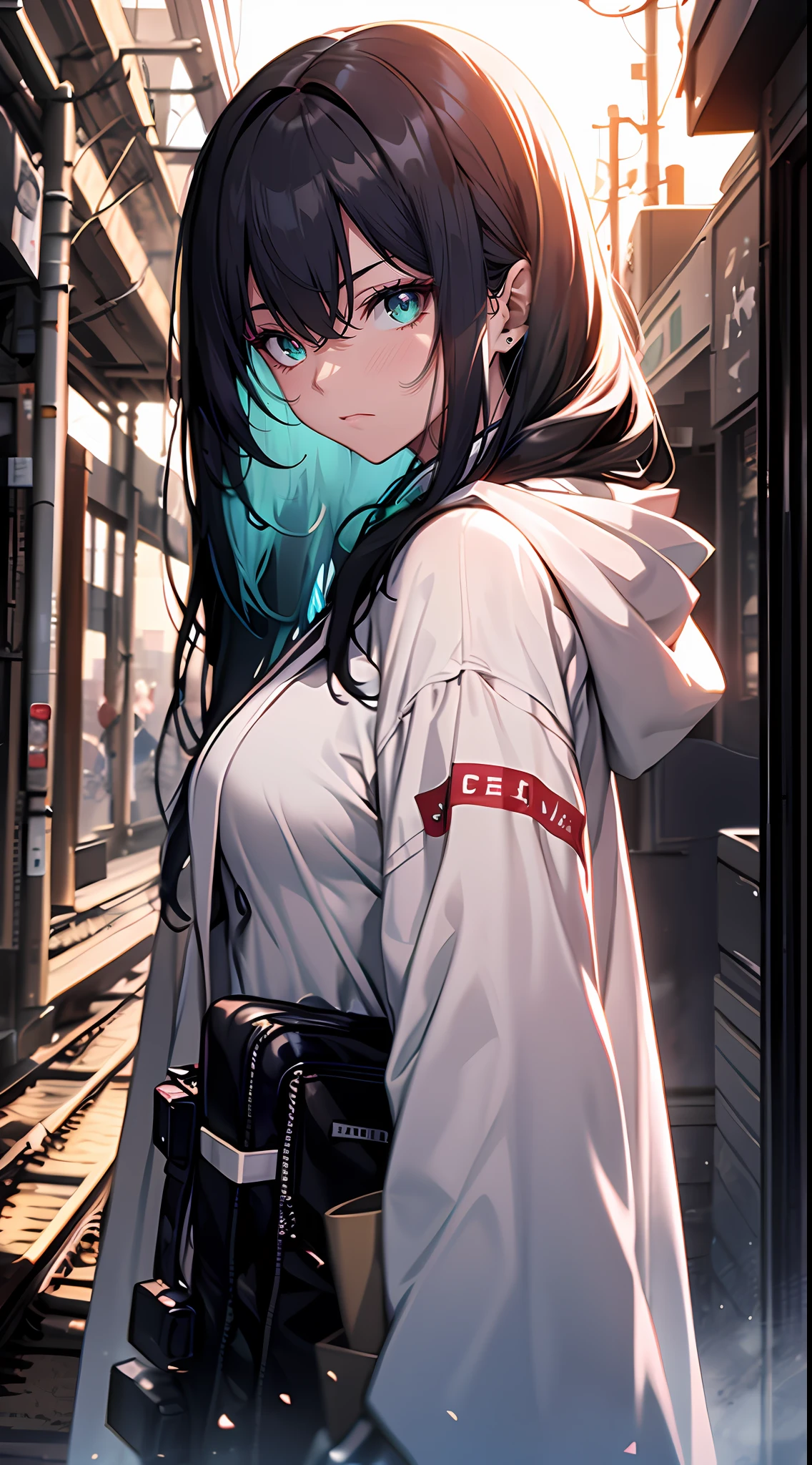 tmasterpiece, 4k wallpaper, cinematric light, hoang lap, protrait 1girl,(Colorful paint splashes),(Cyberpunk Style),(sparkle eyes:1),Green eyes,(Indifferent expression:1),(Luxurious white robe),城市,neonlight,(Pink Long Hair:1.331),Cold,Handsome girl,(Side locomotives),cycle,(Side riding),(Sad expression),Dark parts,terroral,shadowy,nooks,