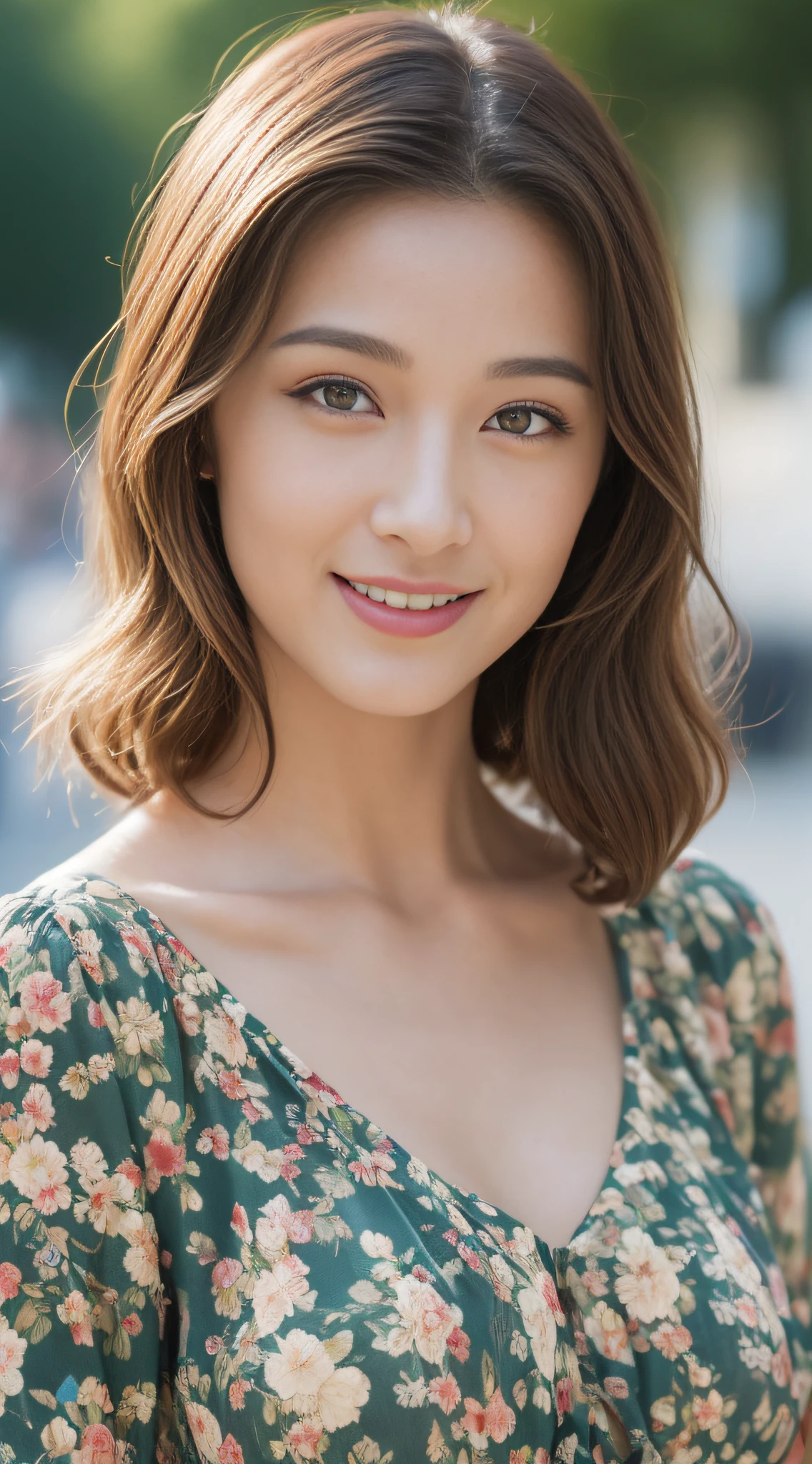 ((top-quality、8K、masterpiece:1.3))、sharp:1.2、Perfect Body Beauty:1.4、Slim abs:1.2、((Colossal tits:1.2))、(Floral dress:1.1)、(Street:1.2)、Wetty:1.5、Beautiful face、Wavy Hair、Highly detailed facial and skin texture、A detailed eye、二重まぶた、Aspect of looking at the camera、A smile
