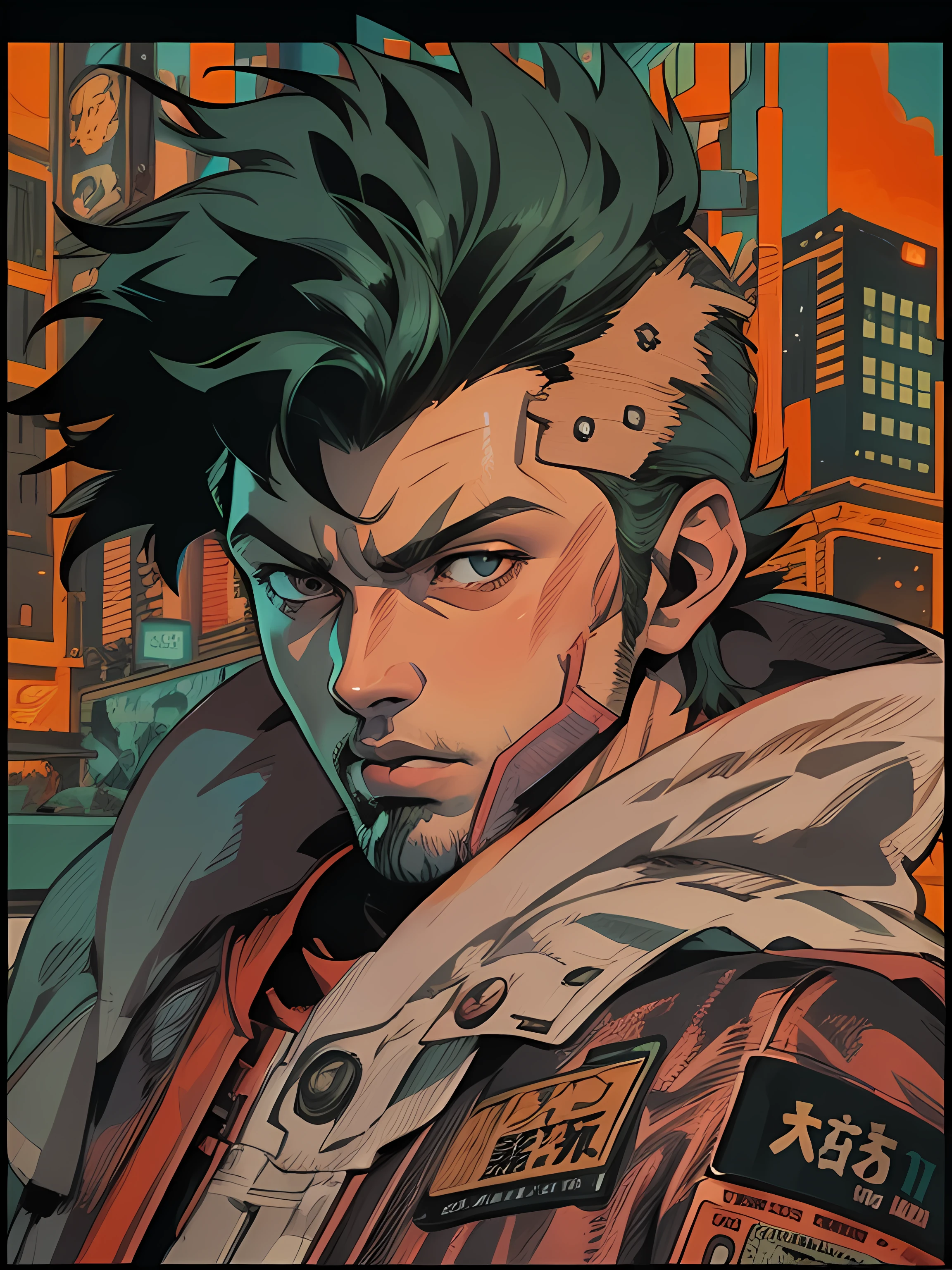 anime - style illustration of a anime guy, cyberpunk, 8 0 s anime style, akira vibes, in neo tokyo, akira color palette, futuristic tetsuo, Pop Art, masterpiece, accurate, Poster, anatomically correct, hand drawn, simple lines, tshirt design, vector art, illustration, digital art,, magazine style, background in print, (style of darkest dungeon:1.1), hyperrealism, portrait, ethereal, cel shading, anime coloring, (anime screencap:1.2), (highly detailed,masterpiece, best quality:1.1)