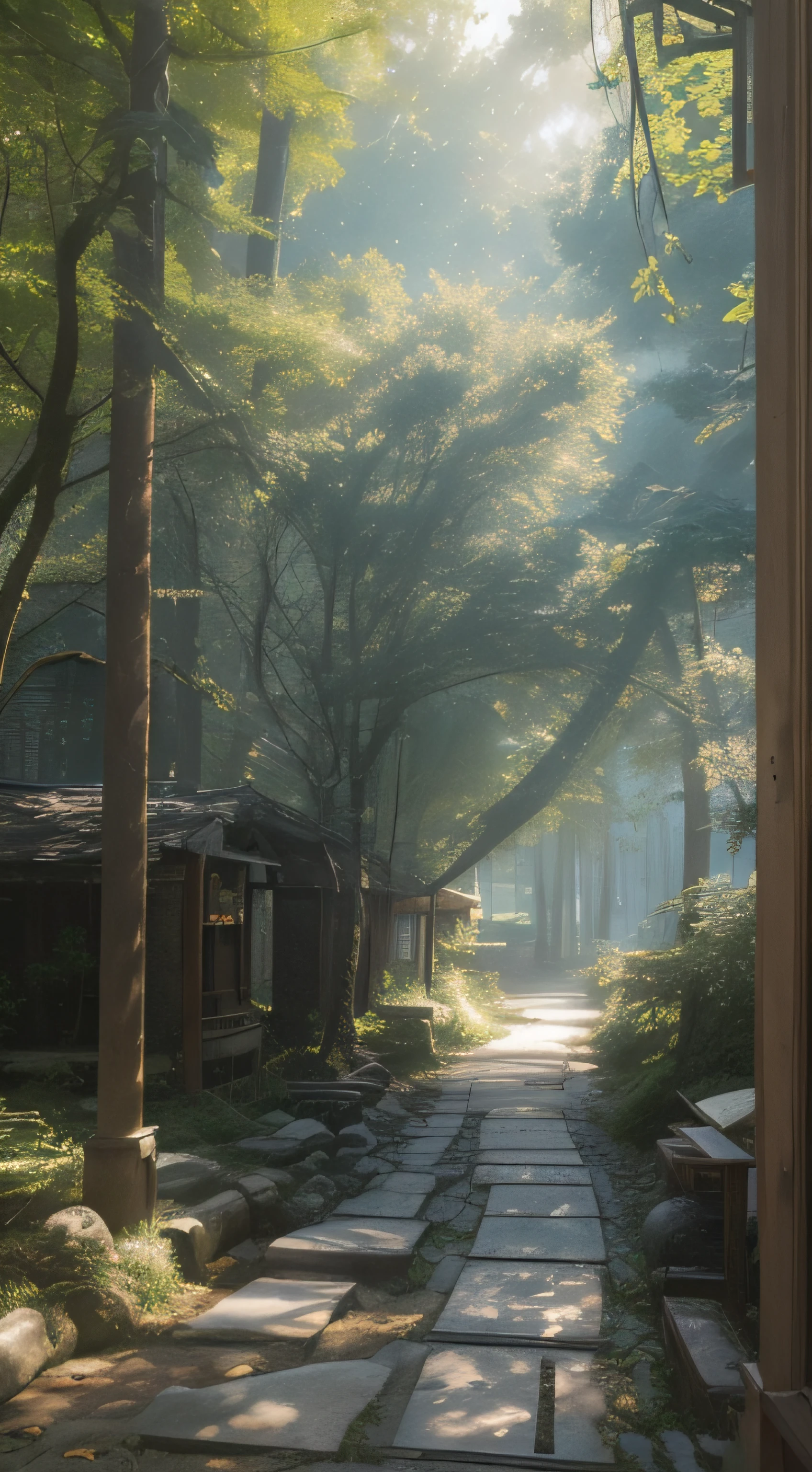 Sunlight filters through the canopy to create a mottled effect。The style of Yoshitaka Amano and Hayao Miyazaki,tmasterpiece,proportionate,the detail,trends in art station,beautiful light up,realisticlying,