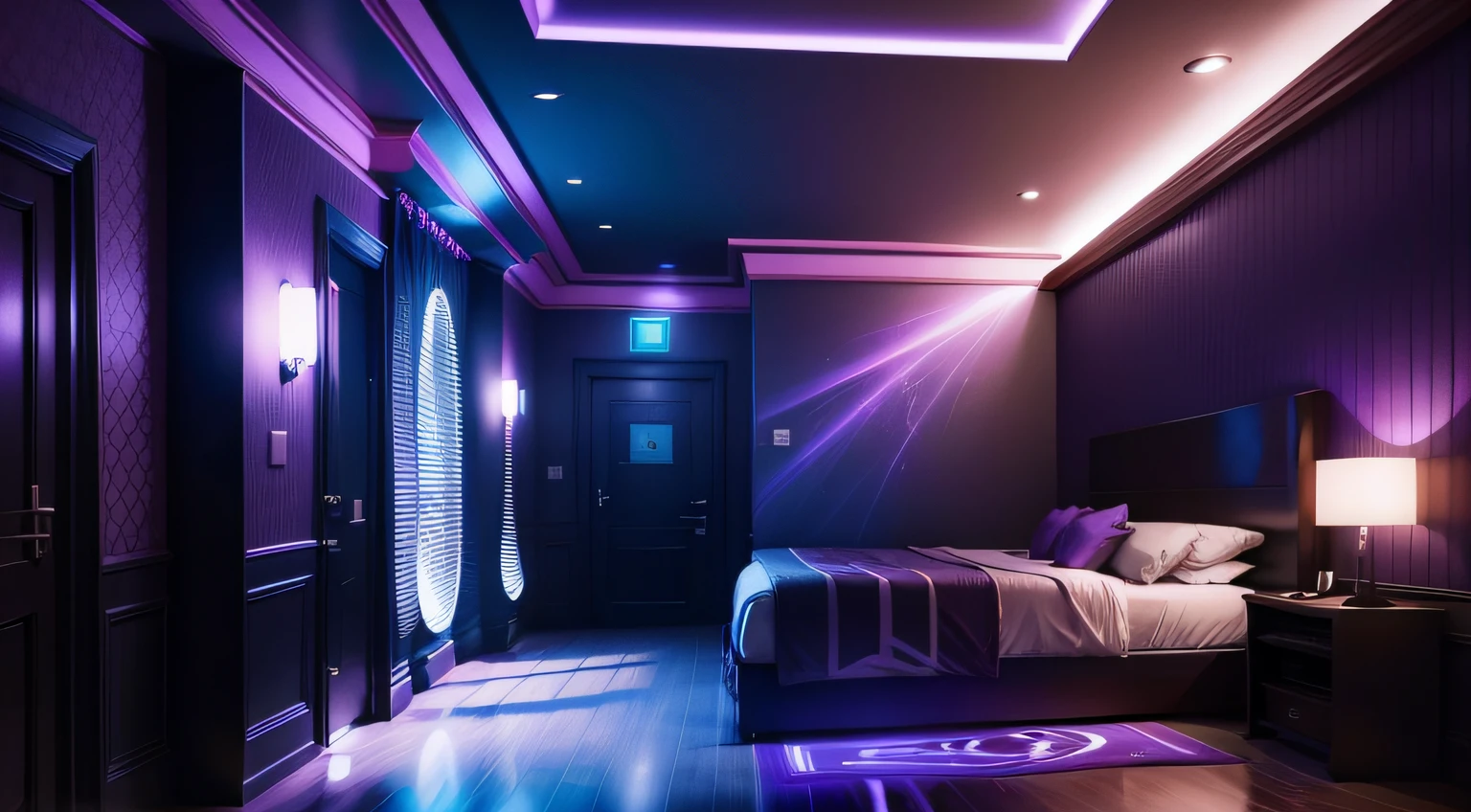 E-sports hotel front,quadratic element,lamplight,Blue-purple,Nightclub style,Ultra photo realsisim,High realism,8K