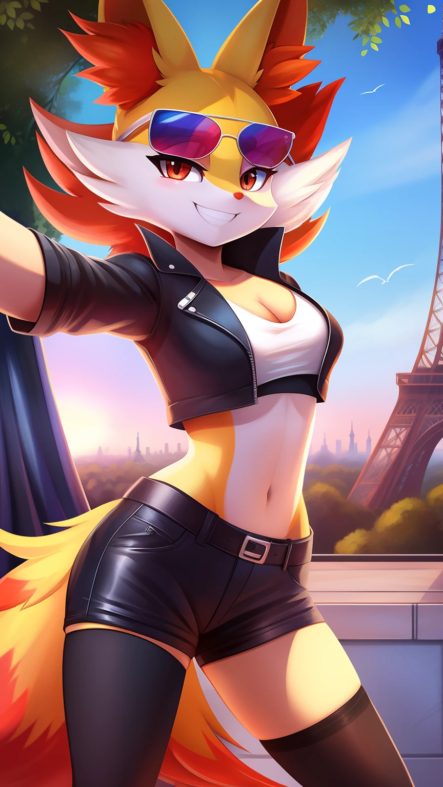 Braixen (pokemon), detailed,masterpiece of the best quality, bzeh art style, day, eiffel tower background, france,1woman,looking at the viewer,pokemon (franchise),two-tone skin, orange skin,solo,,lower black skin,beautiful lighting, detailed shading, smile, intricate details, white t-shirt with kirby drawing, leather jacket, stockings with lines, sunglasses, selfie, smile with teeth,