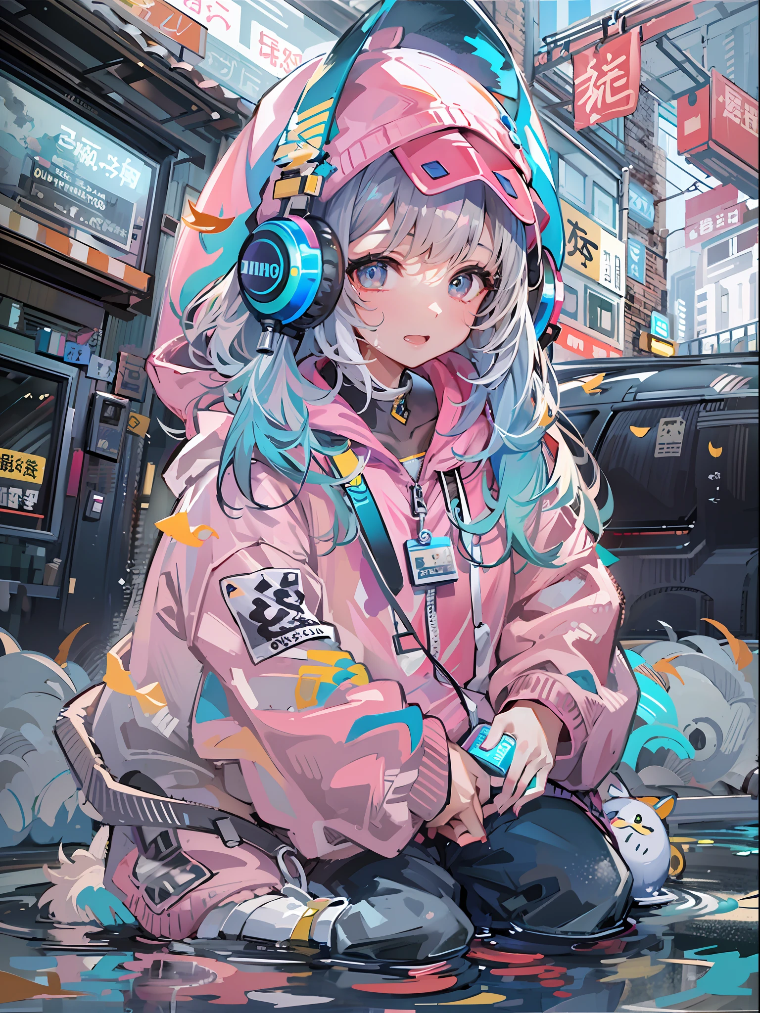 8K分辨率、((top-quality))、((masterpiece))、((ultra-detailliert))、1 woman、独奏、incredibly absurdness、Oversized hoodies、headphones、Street、plein air、Sateen、neons、Shortcut Hair、Brightly colored eyes、Hands in pockets、shortpants、water dripping