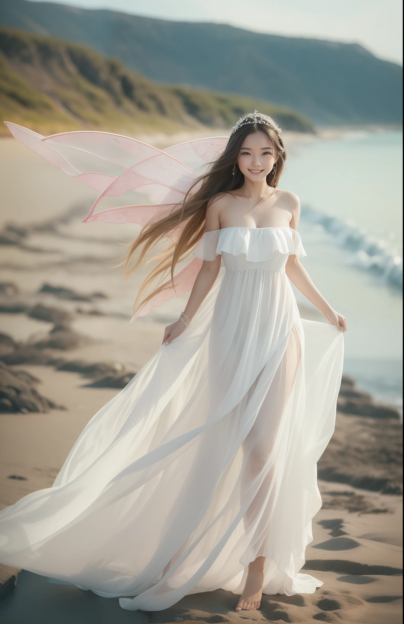 being thin、Photo of gorgeous 20-year-old Icelandic fairy wearing (White flowing dress:1.2) And (Delicate fairy wings:1.2), Grinning, (looking in camera:1.1), (Sateen:1.1), On the beautiful seaside:,, masutepiece, Barefoot, (Natural lighting:0.8), 8K, ((Realistic)), F/1.1, , the woods、covering the navel、hiding breast、Hide legs、(Curvaceous)femele(flawless skin:1.11)And(teats:1.1)、A smile、full body Esbian、Beautiful standing figure、Sea Fairy、Beautiful summer sky、Beautiful white shells