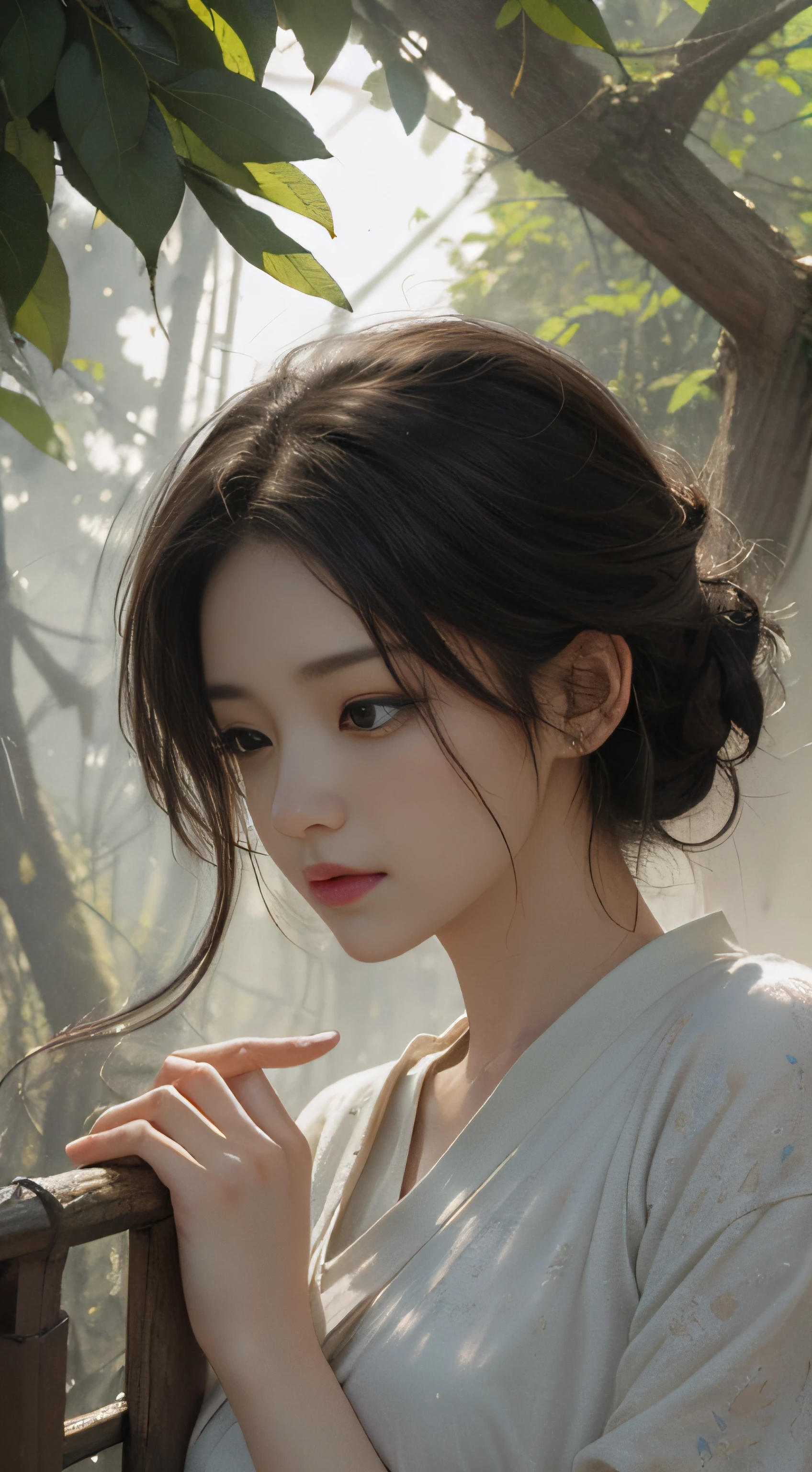 Sunlight filters through the canopy to create a mottled effect。The style of Yoshitaka Amano and Hayao Miyazaki，tmasterpiece，proportionate，the detail，trends in art station，