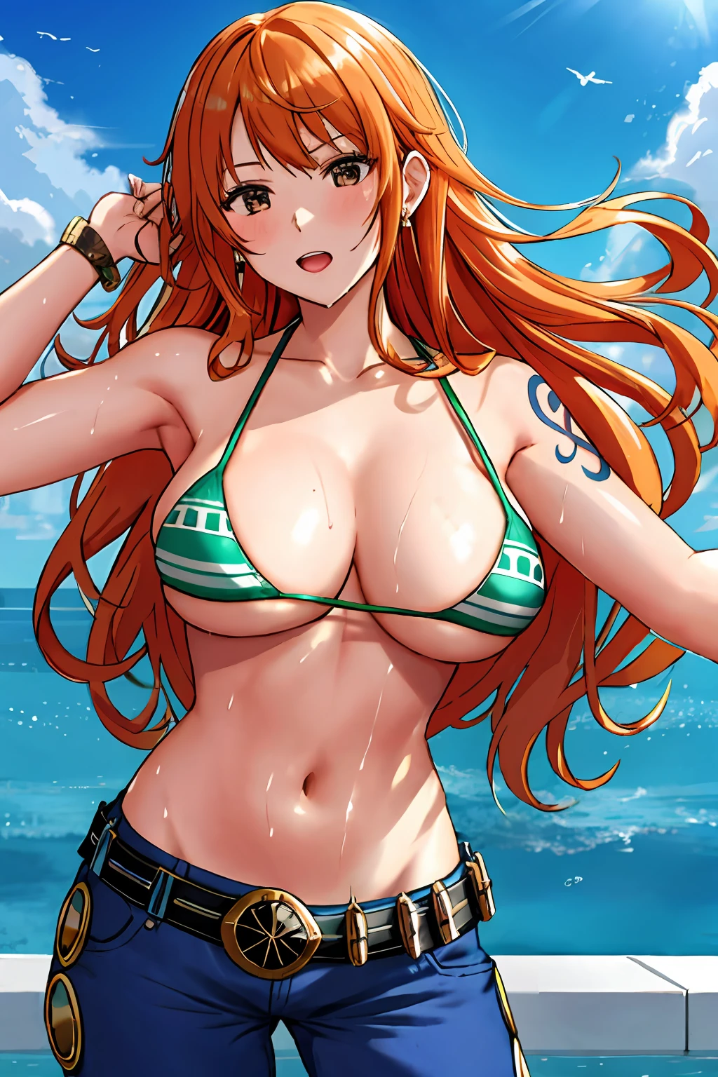 detailed background, masterpiece, 4k, best quality, late youth, adult, wrestler body, 1girl, active, energic, uppercut, (large mouth) , solo, nami \(one piece\), 1girl, bangle, (very wet, drenched in sweat, sweat all over body, very wet hair, tired, taking breath, open mouth, hand on stomach, sweaty face, sweaty body, panting, sweating too much, shiny sweat, leaning, tilting), perfect detailed face, bold drawing lines, muscular arms, detailed bold arm lines, flat jaw, adult woman, wavy wide streaked bangs, floating bang streaks, (big cheeks), bare shoulders, off-shoulders, belt, bikini, bikini top only, blue sky, bracelet, springy breasts, breast lines, big round eyes, plain big brown shiny eyes, bubbles, high eye position, cleavage, cloud, day, denim, earrings, floating hair, shiny hair, green belt, green bikini, bold groin lines, jeans, jewelry, large breasts, log pose, long hair, looking at viewer, navel, wet hair, orange hair, pants, shoulder tattoo, sidelocks, sky, solo, standing, stomach, swimsuit, tattoo , looking at viewer, open mouth, detailed left arm, big forehead, hourglass figure, small head, toned body, wide hair, wind effect, sun effect, under the sun, narrow small ears angle, older, random poses,