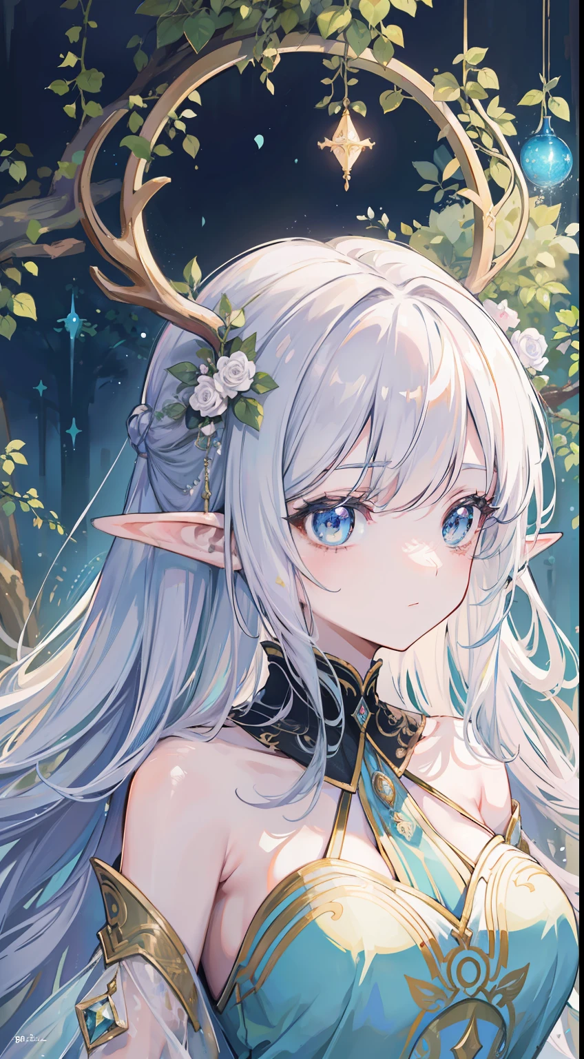 high high quality,tmasterpiece,Delicate facial features,Delicate hair,Delicate eyes,Delicate hair,animemanga girl,deer antlers,black color hair,florals, Dreamy style, Fantastic flower garden,fantasy style clothing,Romantic dress, beautiful and elegant elf queen, a beautiful fantasy empress, Fantasy art style, ((a beautiful fantasy empress)), Anime fantasy illustration, high priestess, fey queen of the summer forest, anime art nouveau, goddess of the forest, portrait of an elf queen, A beautiful artwork illustration,8K high quality detailed art(Delicate facial portrayal)(Fine hair portrayal)(highest quality)(Master masterpieces)(High degree of completion)(a sense of atmosphere)8k wallpaper,tmasterpiece,Best quality at best,ultra - detailed
