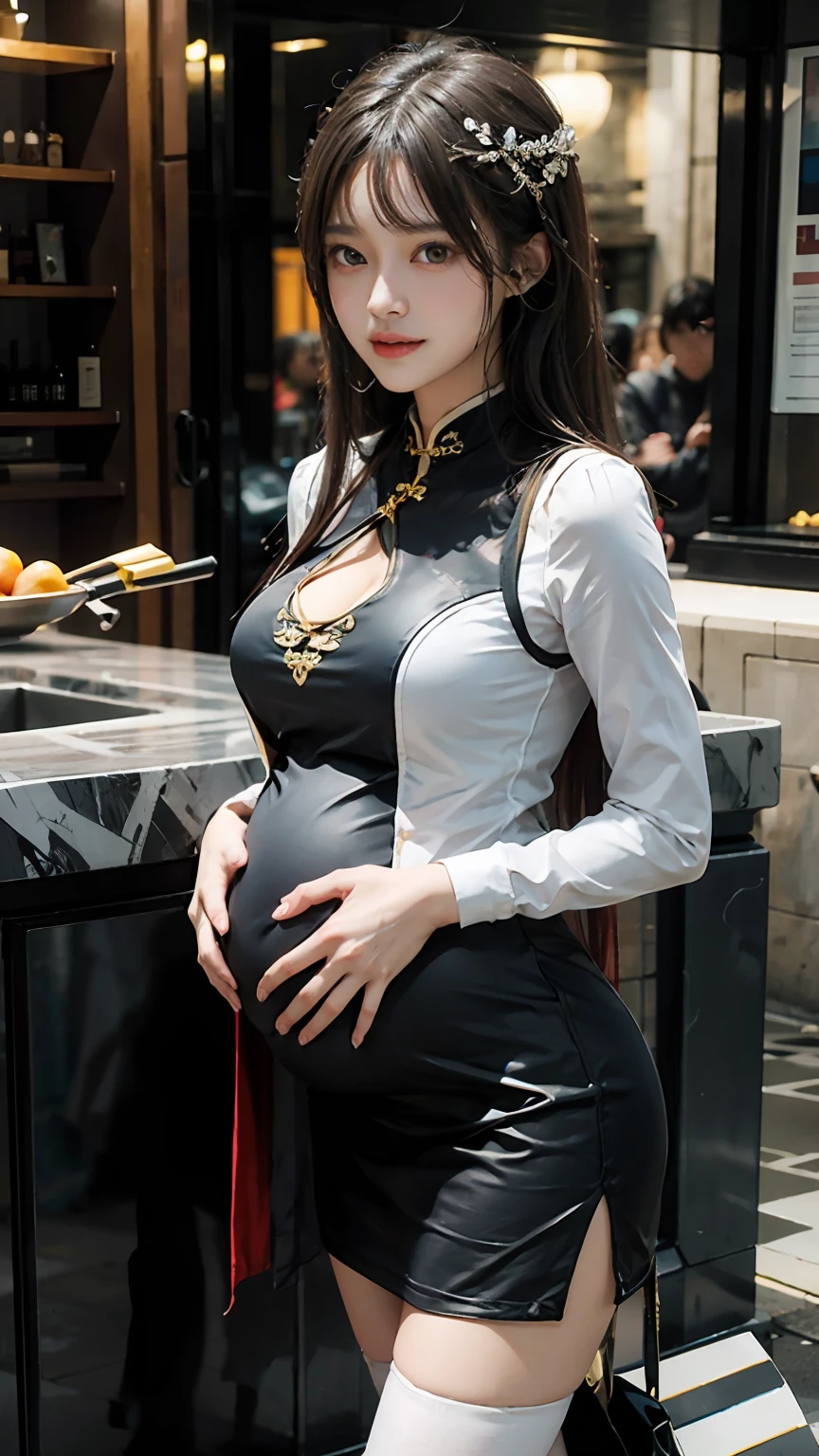 tmasterpiece, ((1 pretty girl)), Best quality at best,(Realistis: 1.4), RAW photogr, red pupils, cinmatic lighting, ssmile, a asian beauty, Super beautiful, Beautiful skins, (illustratio), (A high resolution), (8K), (The is very detailed), (Most Best Illustration), (详细的脸), audience looking, finely detailled, in the darkness nigth, deep shading, low tune, pureerosfaceace_V1, ssmile, long whitr hair, hair straight, 46-point diagonal bangs,(pregnant:0.95),((full bodyesbian:1.6)),Delicate cheongsam,upper legs,Simetall,