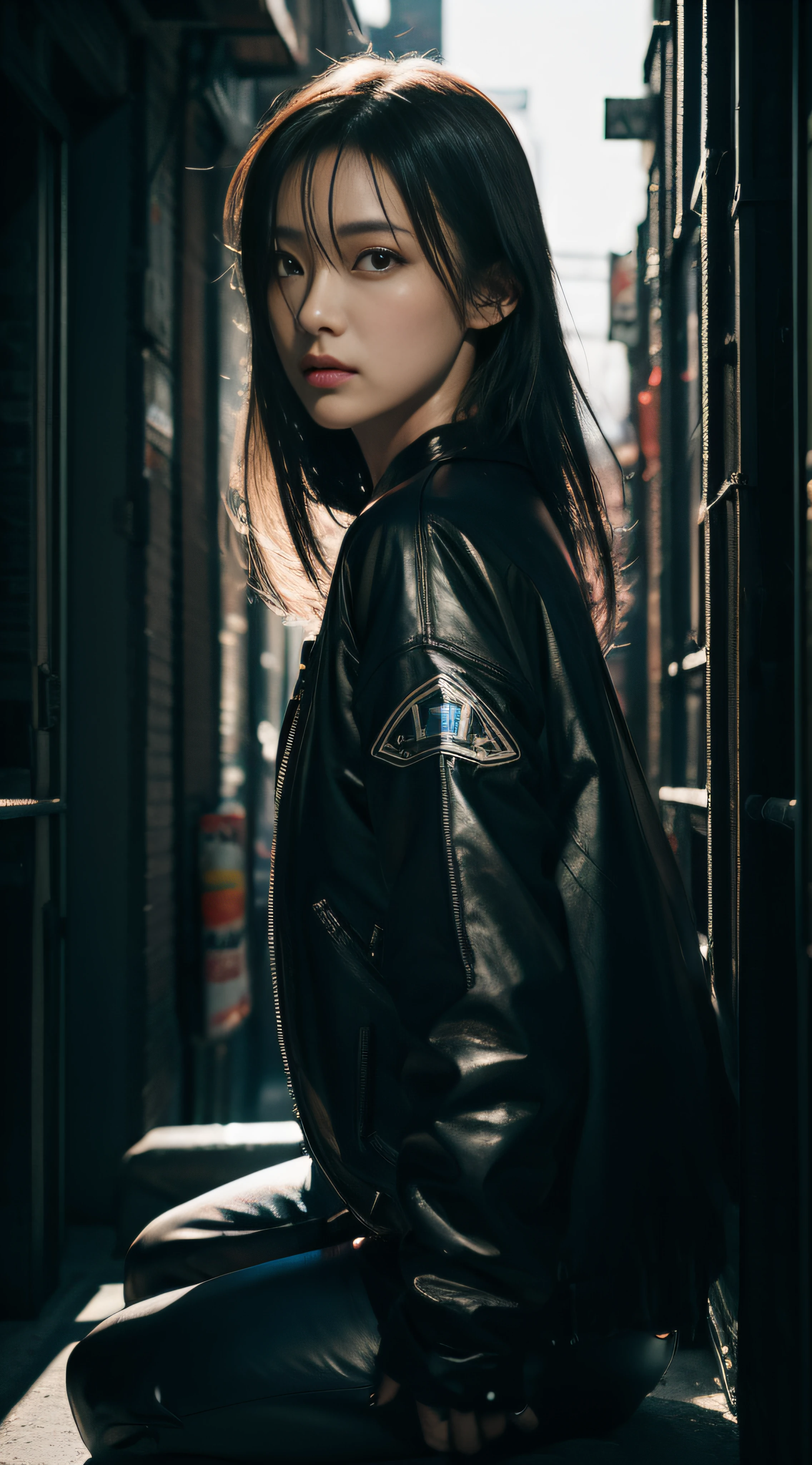 ​masterpiece、hightquality、Soio、beautiful model、Back lighting、beautiful hairl、A detailed eye、Dramatic scenes、Rain on neon sign street、Beautiful 26 year old woman sitting on bench, Sitting facing the front、Kneeling、Blade Runners Air、full body Esbian、Cinematic. leng jun, Anime style mixed with Fujifilm, mid shot portrait, cyberpunk streetwear, Inspired by Liam Wong, inspired by Kanō Naizen, cyberpunk vibe, cyberpunk photo, muted cyberpunk style, Medium shot portrait, hyper-realistic cyberpunk style, wearing cyberpunk streetwear、Powerful Hand Pose、low angles、wide-angle lens、14mm lens、sigma、Depth of subject、8K High Resolution、细致背景、Drawing with enhanced hair details、A detailed face、more hair、Detailed nose、Detailed mouth、Detailed body、stares at the camera、Hair details