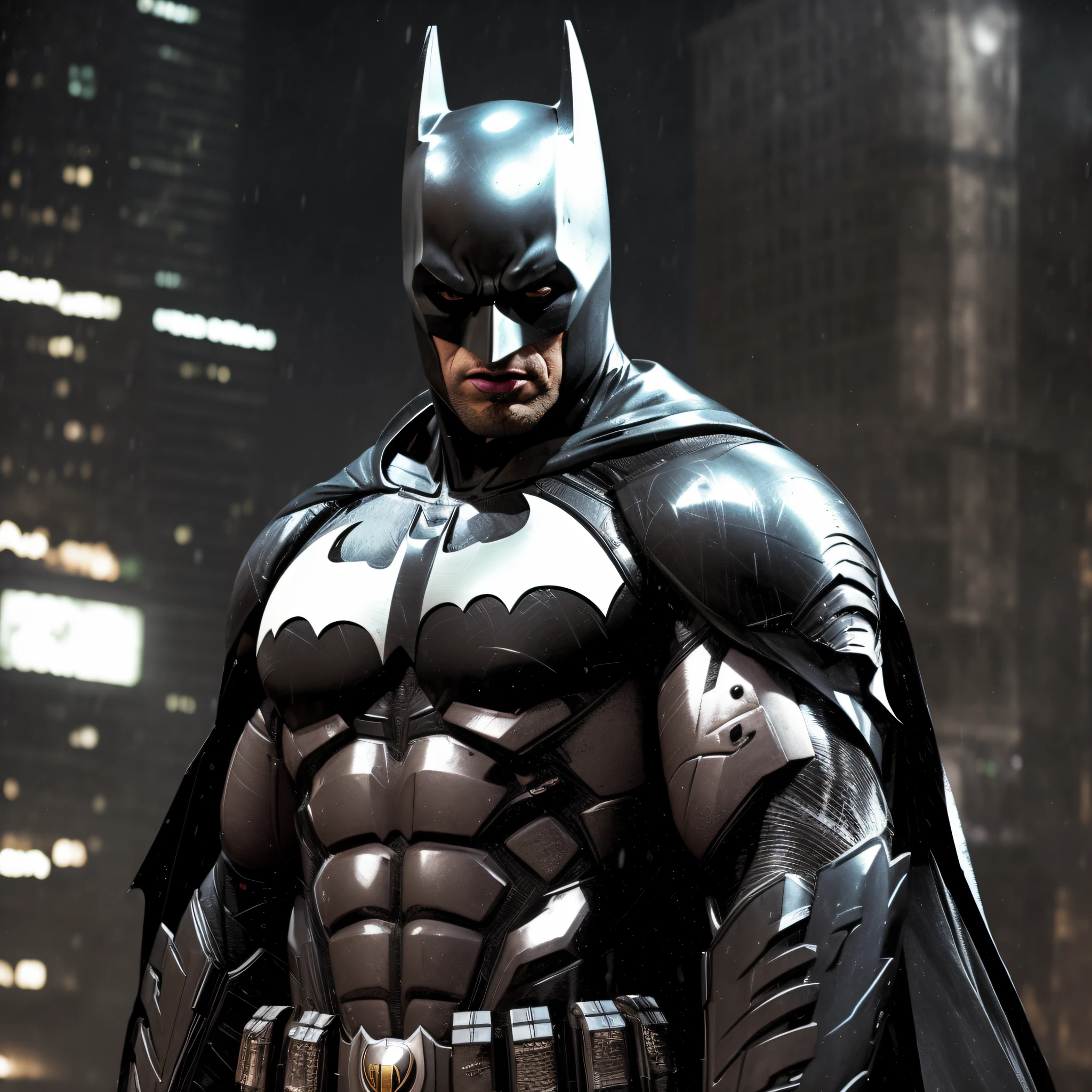 Batman em um traje futurista em frente a uma cidade, Do filme Batman, em Batman : Cavaleiro Arkham, Filme ainda do Batman, Dwayne Johnson como Batman, Retrato do Batman, O Batman, Batman, Mecha do Batman, Retrato de Batman, in batman movie still cinematic, Arkham, Cidade de Arkham, Anigirl Batman, Dwayne Johnson como Homem-Aranha, Dark Knight, em Batman