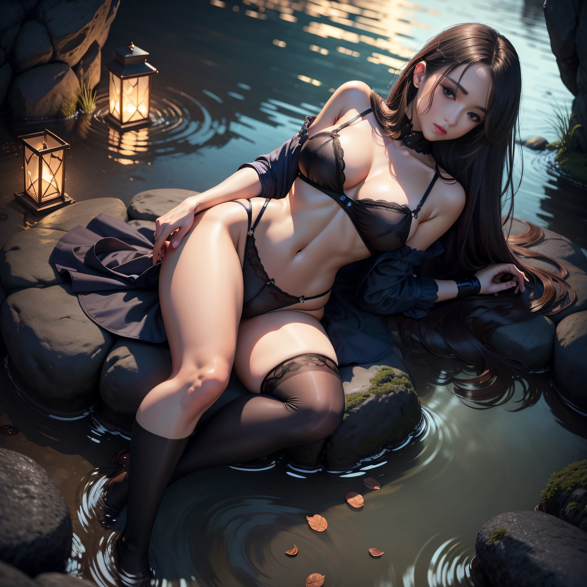 Kizi，top Quority，tmasterpiece，mature，brunette color hair，Large breasts，Erotic lingerie，the night，small stream，moonscape，over knee socks，photorealestic，long whitr hair，4K分辨率，Pure，eBlue eyes