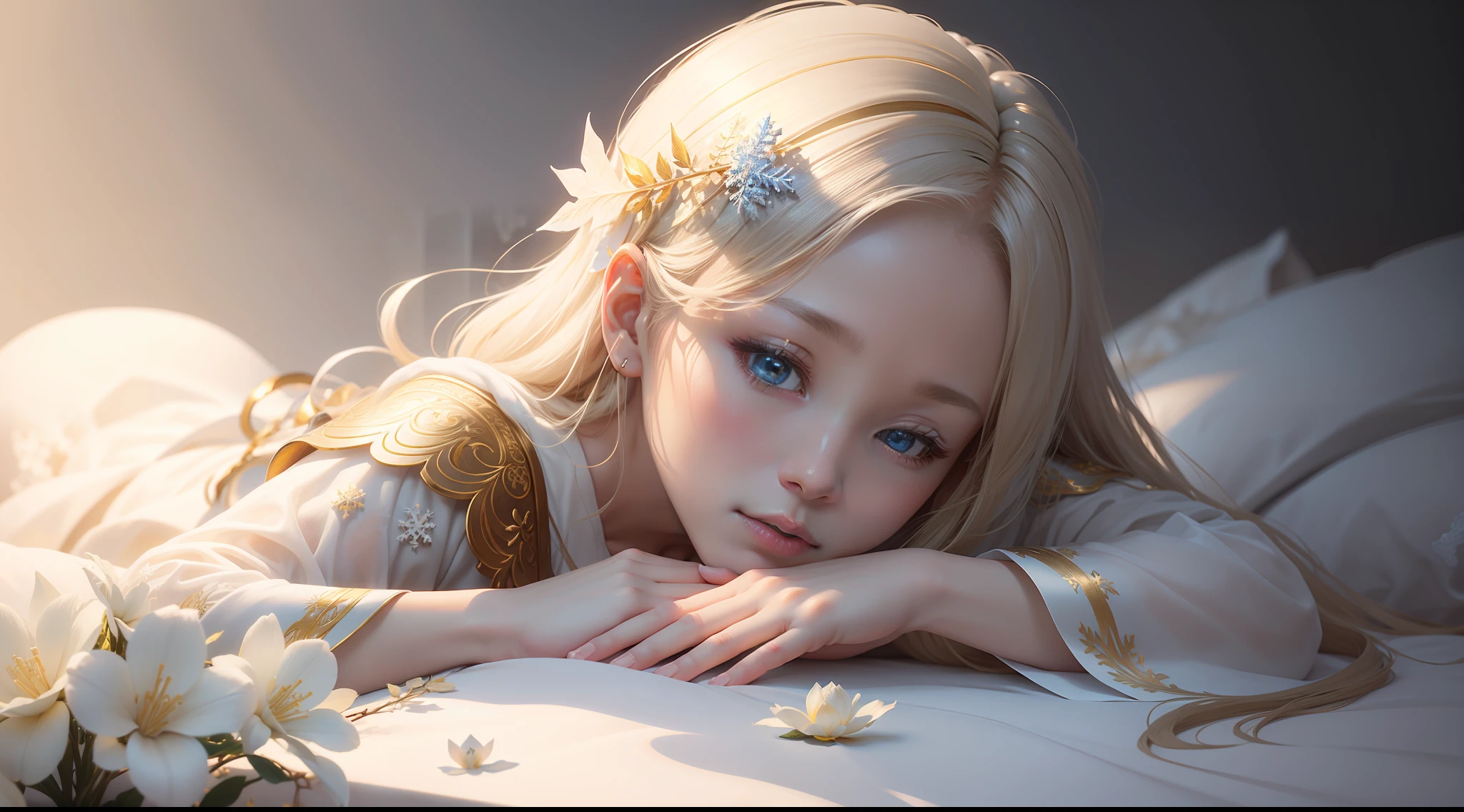 Snowflake、golden colored、white colors、Blue、Yu-hsien、solemnity、Fantastical、Fantastic、Ethereal、Photorealism Based Details Widget 1.3, Ultra-detailed depiction、Cinematic shots with HDR effect、Vignette and center screen、Generate in automatic mode