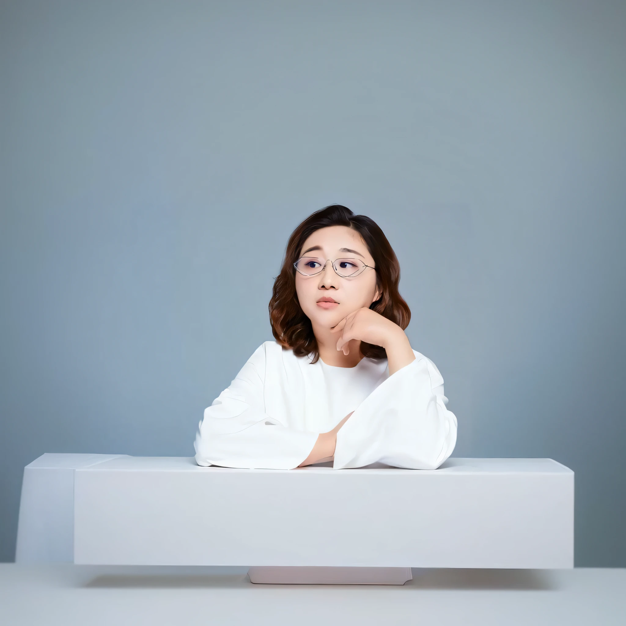 Close-up of a woman with glasses sitting at a table, Li Zixin, mingchen shen, xintong chen, xue han, Qiu Fang, Lu Ji, Zhang Pengzhen, xiaofan zhang, jinyiwei, inspired by Fei Danxu, wenfei ye, wei wang, Zhang Wanting, yin zhen chu, lei min