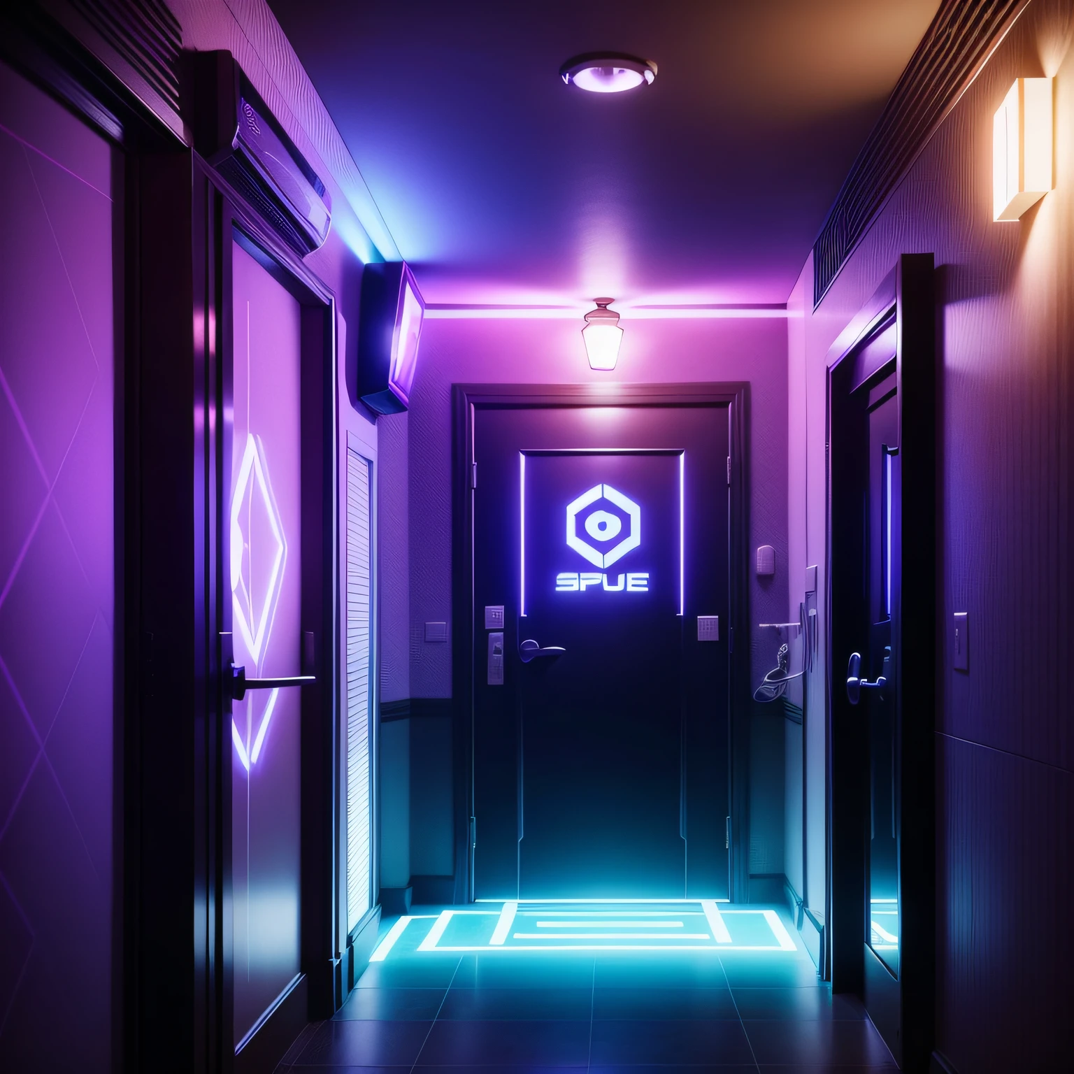 E-sports hotel front,quadratic element,lamplight,Blue-purple,Nightclub style,Ultra photo realsisim,High realism,8K
