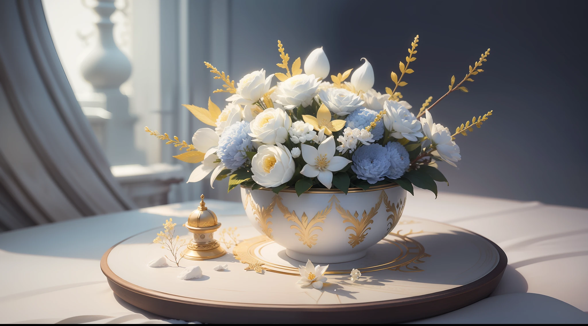 Snowflake、golden colored、white colors、Blue、Yu-hsien、solemnity、Fantastical、Fantastic、Ethereal、Photorealism Based Details Widget 1.3, Ultra-detailed depiction、Cinematic shots with HDR effect、Vignette and center screen、Generate in automatic mode