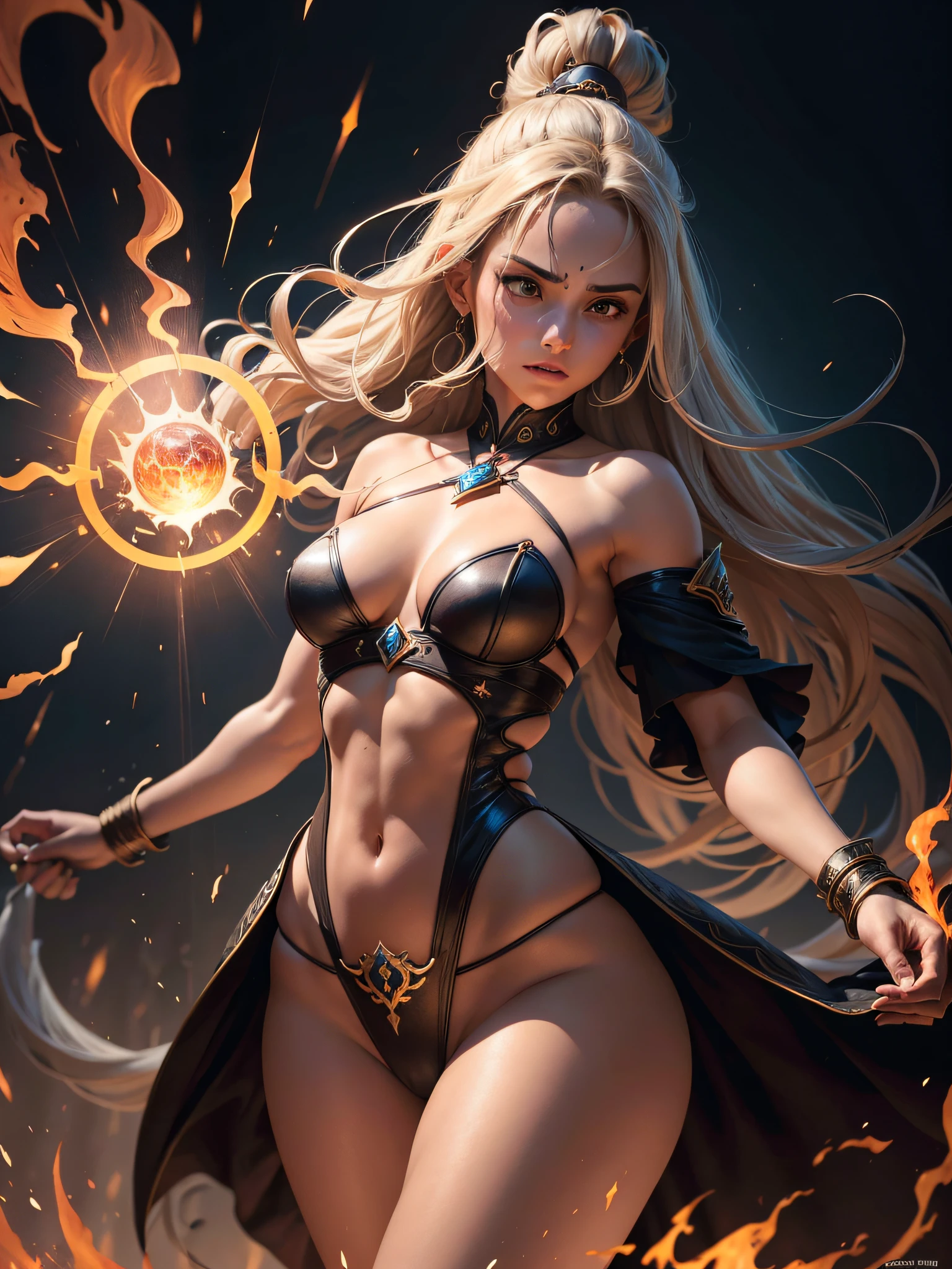 In an ancient chamber filled with arcane symbols and mystical artifacts, Uma poderosa feiticeira adornada em trajes de fogo ergue-se alta, seu cabelo ruivo refletindo as chamas que a cercam. With a wave of the hand, She summons and controls the dancing fire with precision and subtlety, exuding an aura of brute force and magic. A sala pulsa com uma energia sobrenatural enquanto as chamas respondem a todos os seus comandos. --auto