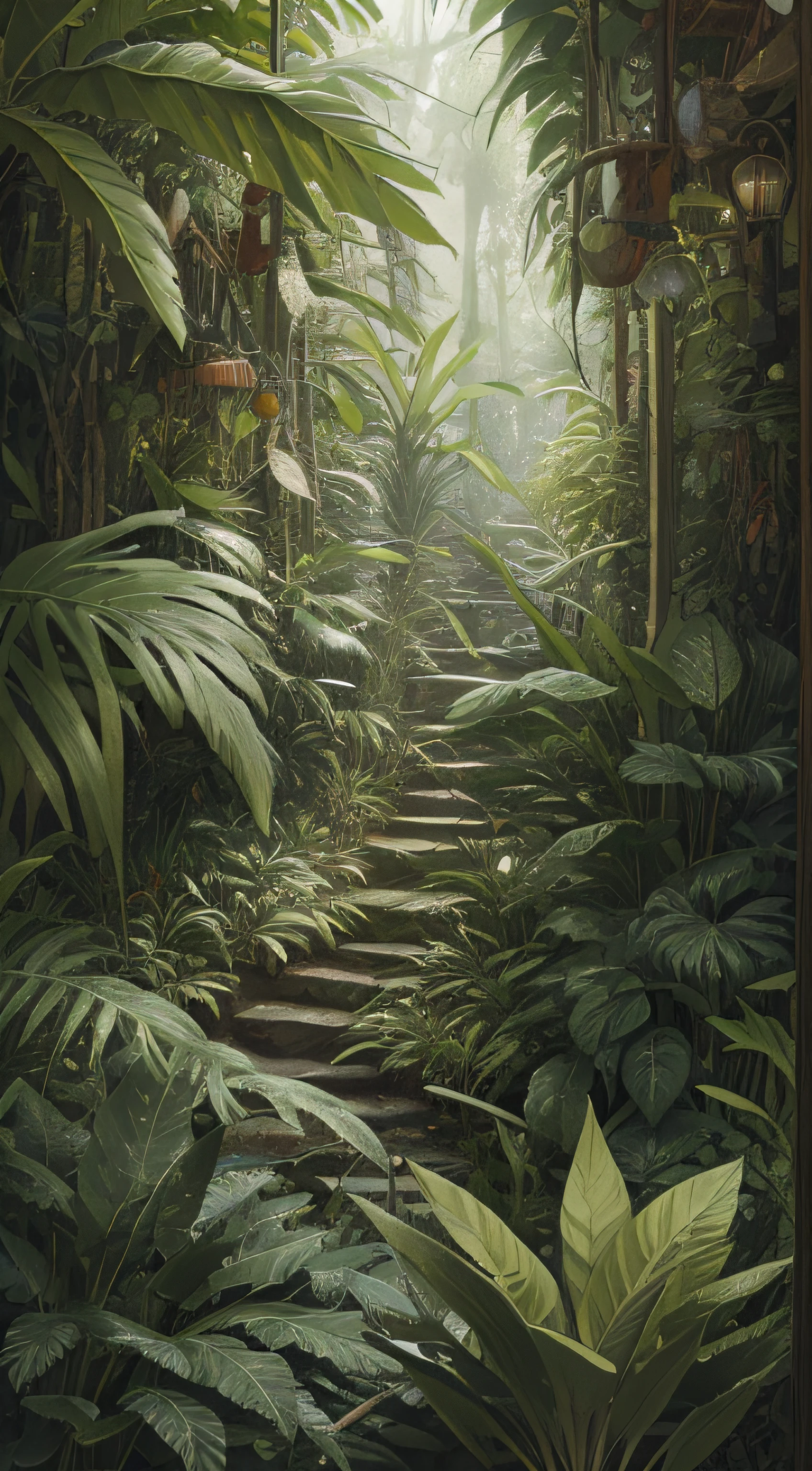 Detailed and intricate digital illustration of dense jungle full of exotic plants and animals,