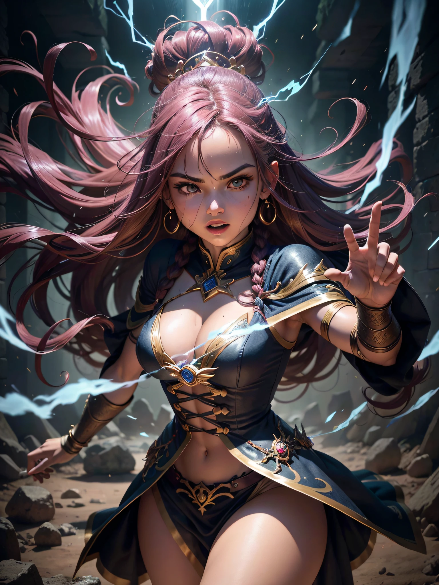 In an ancient chamber filled with arcane symbols and mystical artifacts, Uma poderosa feiticeira adornada em trajes de fogo ergue-se alta, seu cabelo ruivo refletindo as chamas que a cercam. With a wave of the hand, She summons and controls the dancing fire with precision and subtlety, exuding an aura of brute force and magic. A sala pulsa com uma energia sobrenatural enquanto as chamas respondem a todos os seus comandos. --auto