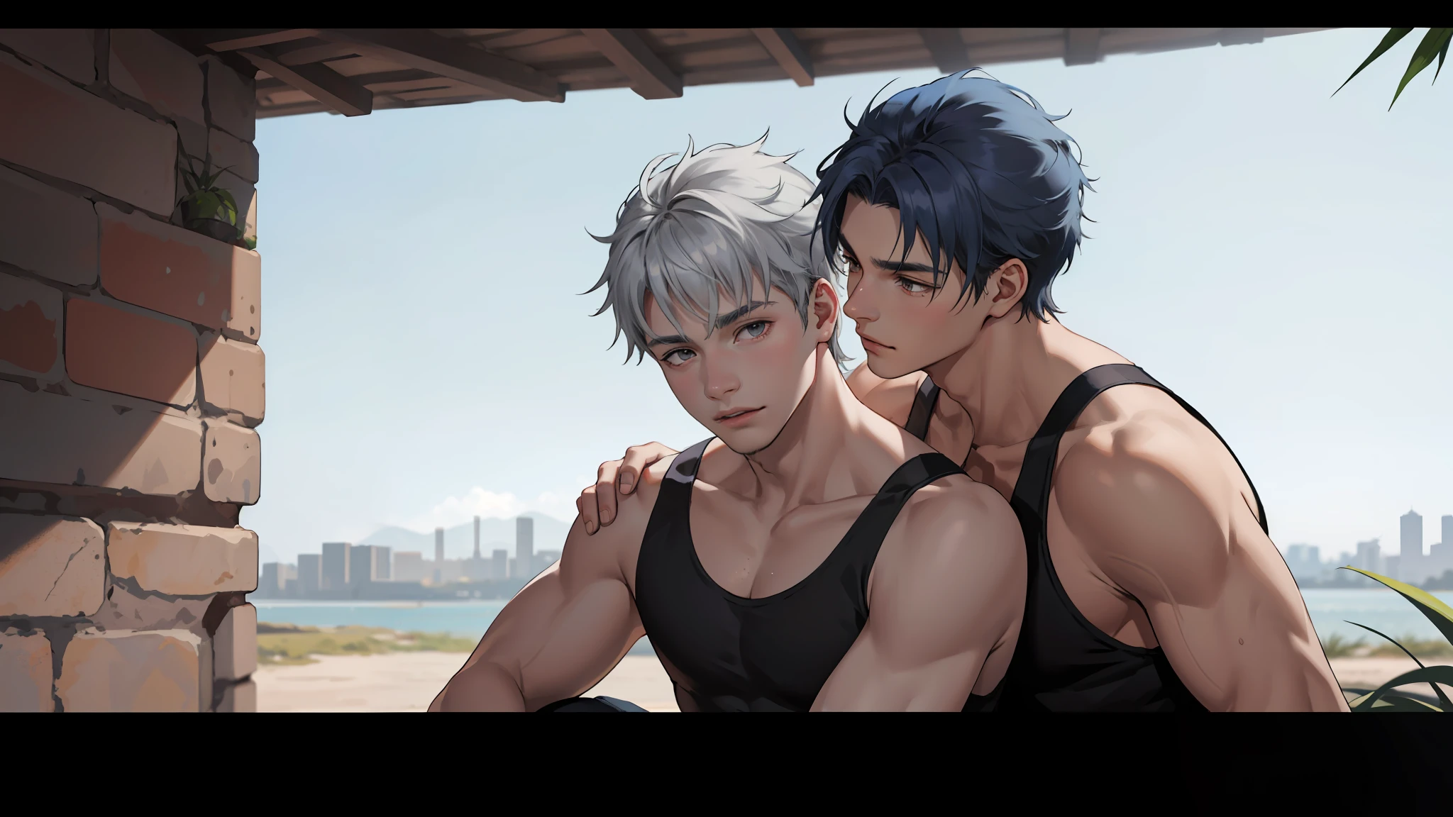 In the background is a silver city Two 15-year-old teenage friends with blue hair, With Latin skin and light gray hair on the outskirts of a large silver city they are talking about an important topic they are friends almost like brothers.......