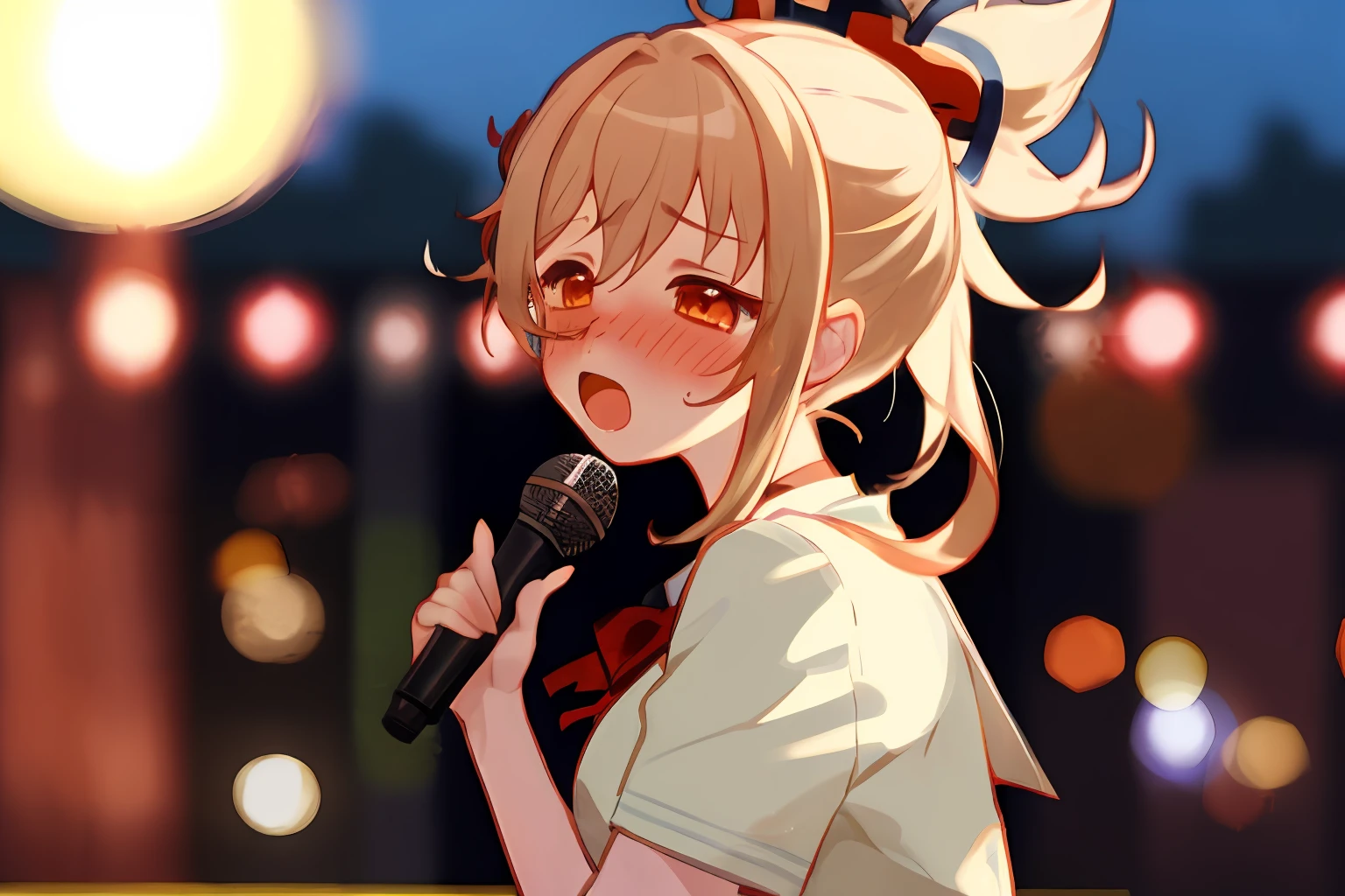 1girl, yoimiya, drunk, karaoke, singing, night club, school uniform, embarrassed, tokyo