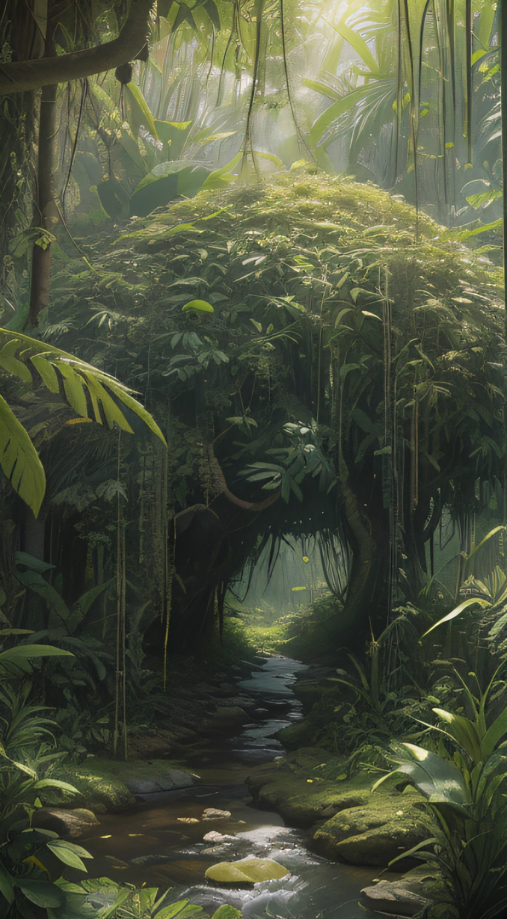 Detailed and intricate digital illustration of dense jungle full of exotic plants and animals,Sunlight filters through the canopy to create a mottled effect。The style of Yoshitaka Amano and Hayao Miyazaki,tmasterpiece,proportionate,the detail,trends in art station,,typhoon,Clothes are soaked,drenched clothes