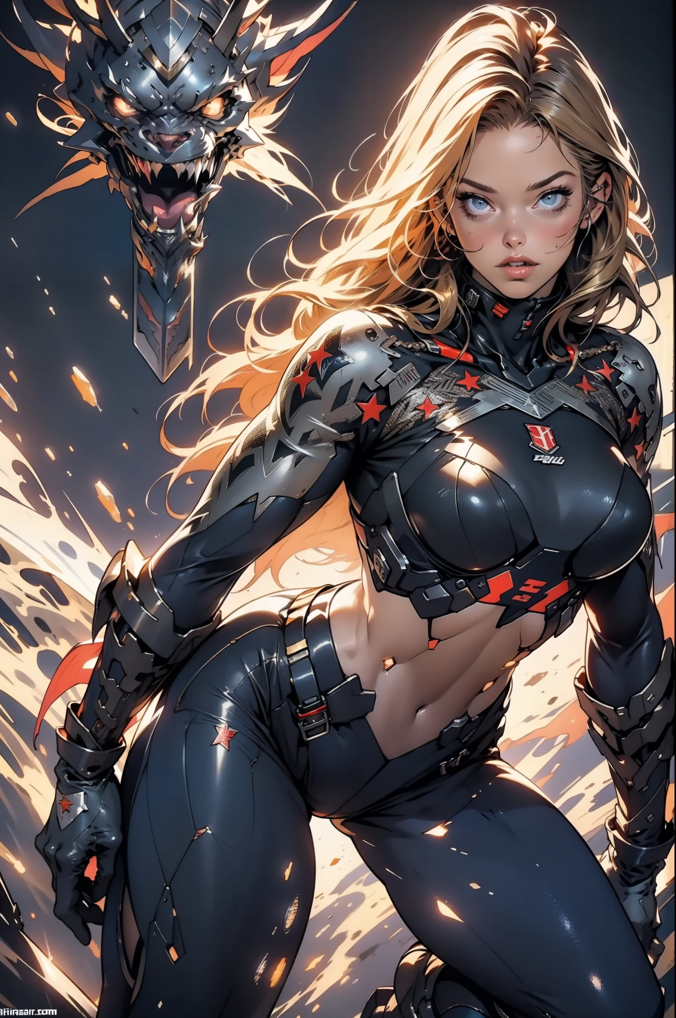 (((woman))), (((best quality))), (((masterpiece))), (((adult))), (((full body)))), A muscular 35-year-old full-body warrior perfect body, almost naked in Simon Bisley's urban savage style for the cover of Heavy Metal magazine, blonde hair, Minimal clothing, armor (dark blue with white stars), full of ink-stained spikes and rivets, 5-pointed star tattoo, (((full body)))