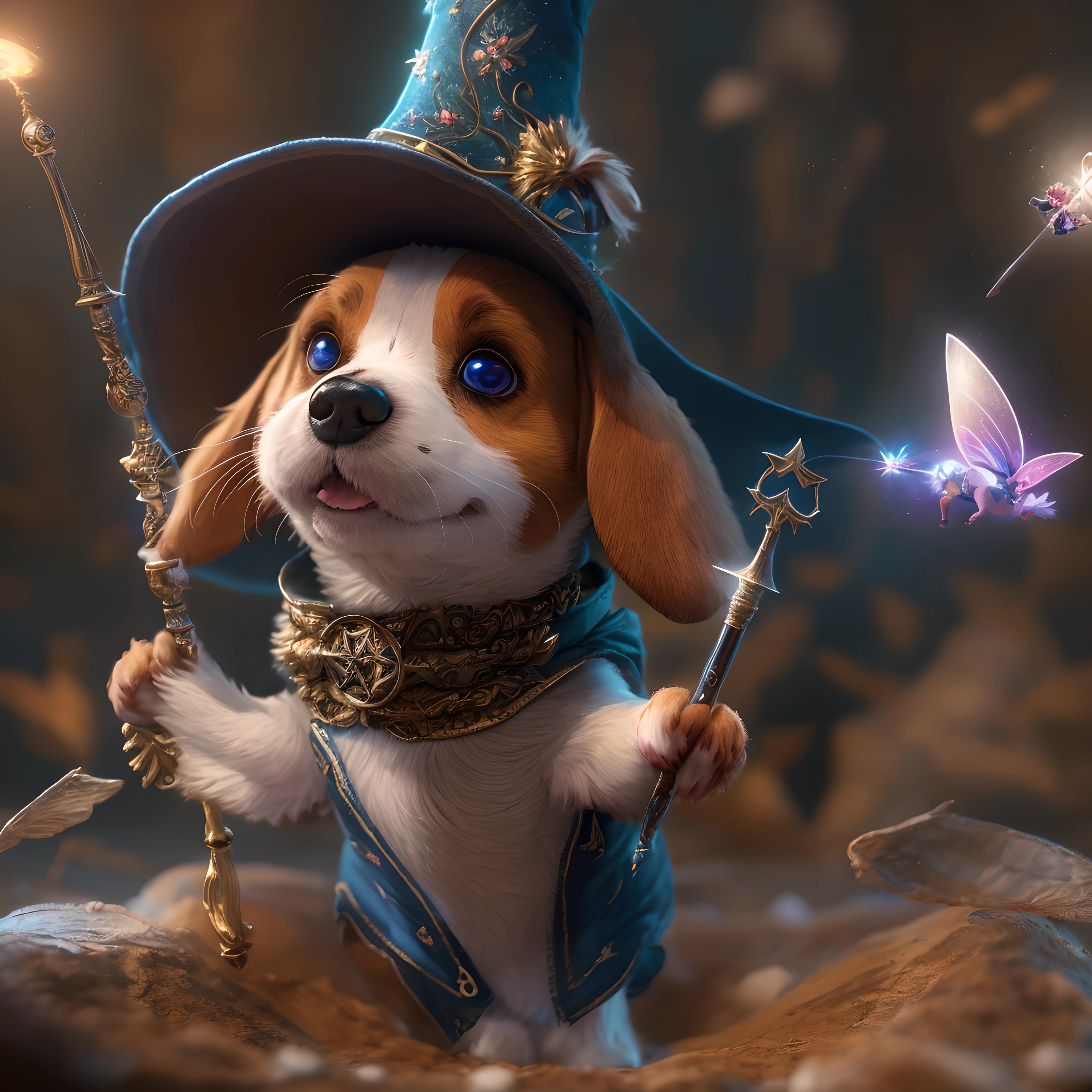 Wizard Beagle, Little fairies flying around, High-quality fairy, Wizardry World Background, Poisonous wand, Brilliant expression, 3d rendered, hoog detail, Crisp background, (ultra-definition), HDR, unreal-engine, Octane rendering, Sharpen every detail, The ultra-Highres