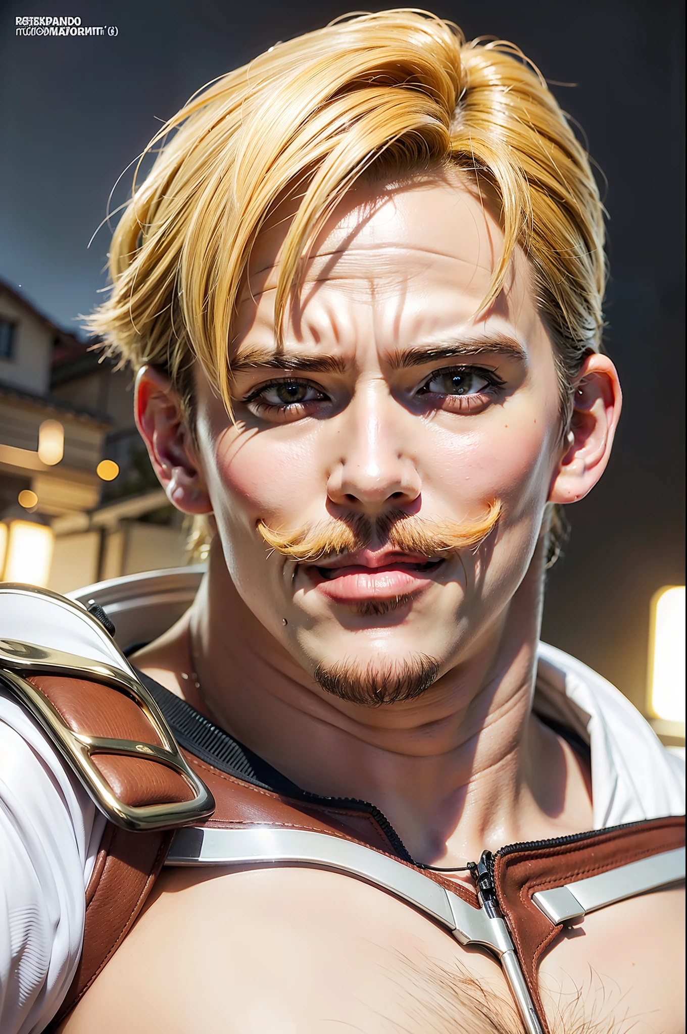Escanor, Nanatsu no Taisai, Fotografia Extremamente Realista, homen forte de bigode, segurando um frande machado