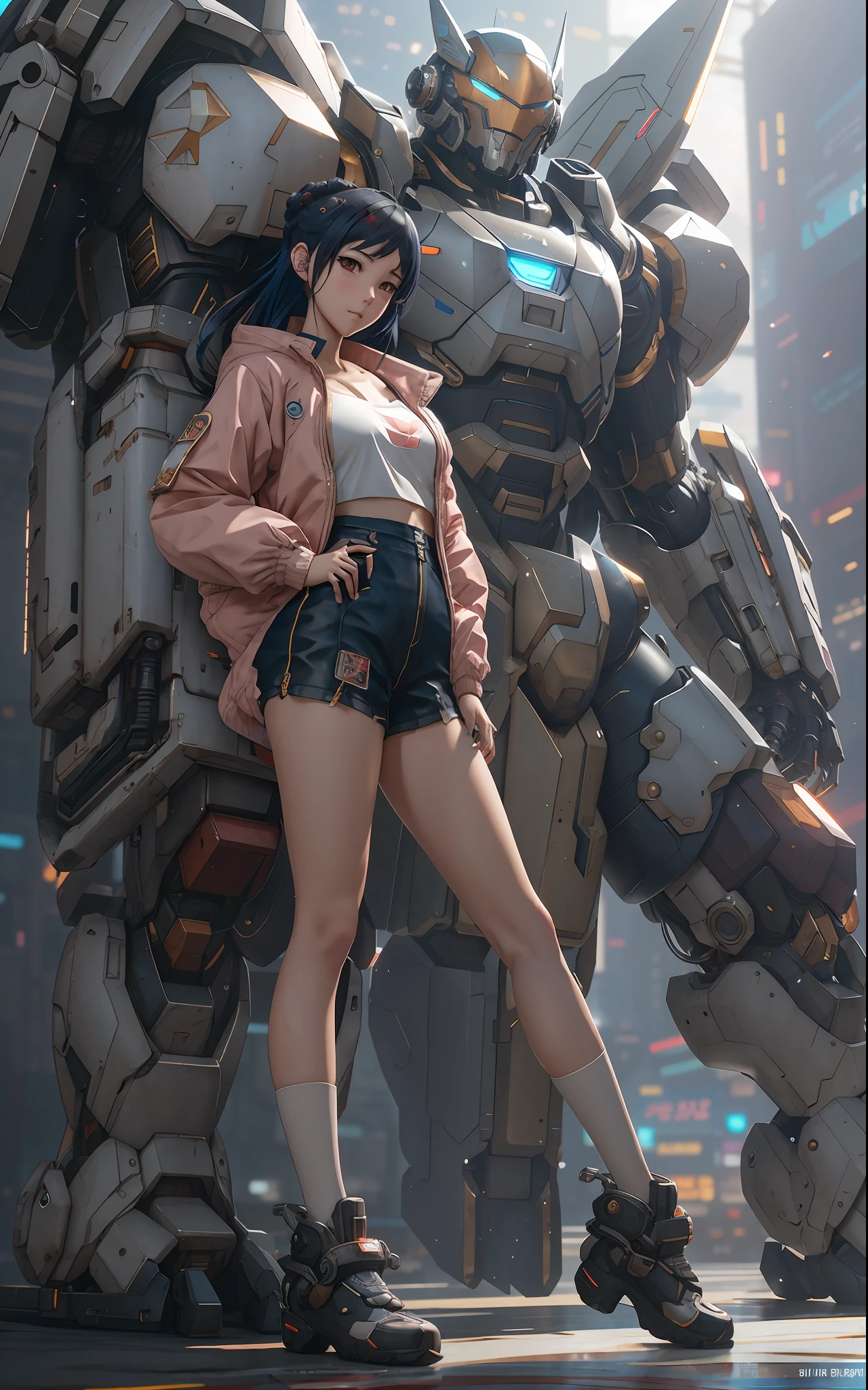 anime girl in short shorts and jacket standing next to giant robot, artwork in the style of guweiz, cyberpunk anime girl mech, trending on cgstation, guweiz, by Russell Dongjun Lu, digital cyberpunk anime art, ross tran 8 k, guweiz on artstation pixiv, girl in mecha cyber armor