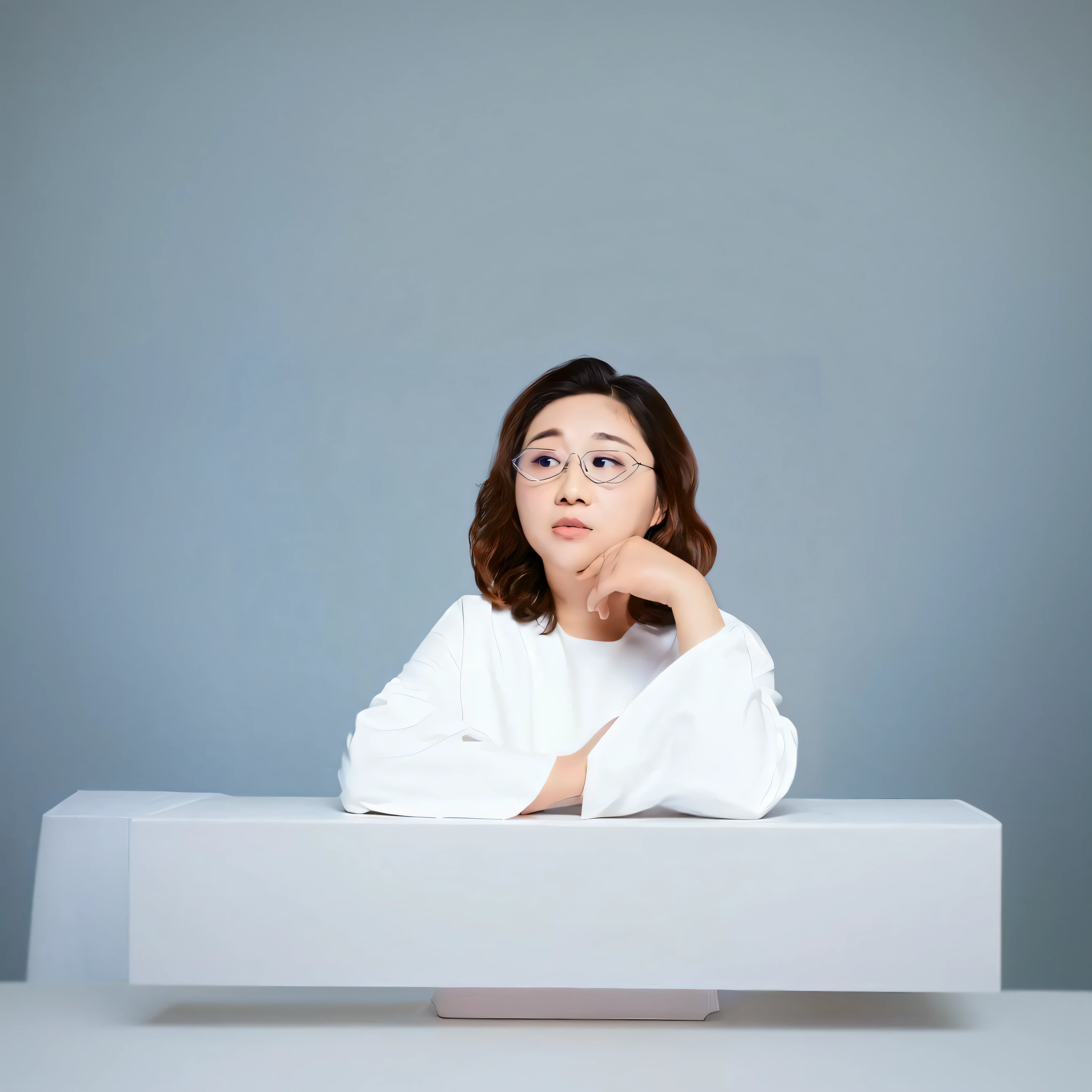 Close-up of a woman with glasses sitting at a table, Li Zixin, mingchen shen, xintong chen, xue han, Qiu Fang, Lu Ji, Zhang Pengzhen, xiaofan zhang, jinyiwei, inspired by Fei Danxu, wenfei ye, wei wang, Zhang Wanting, yin zhen chu, lei min