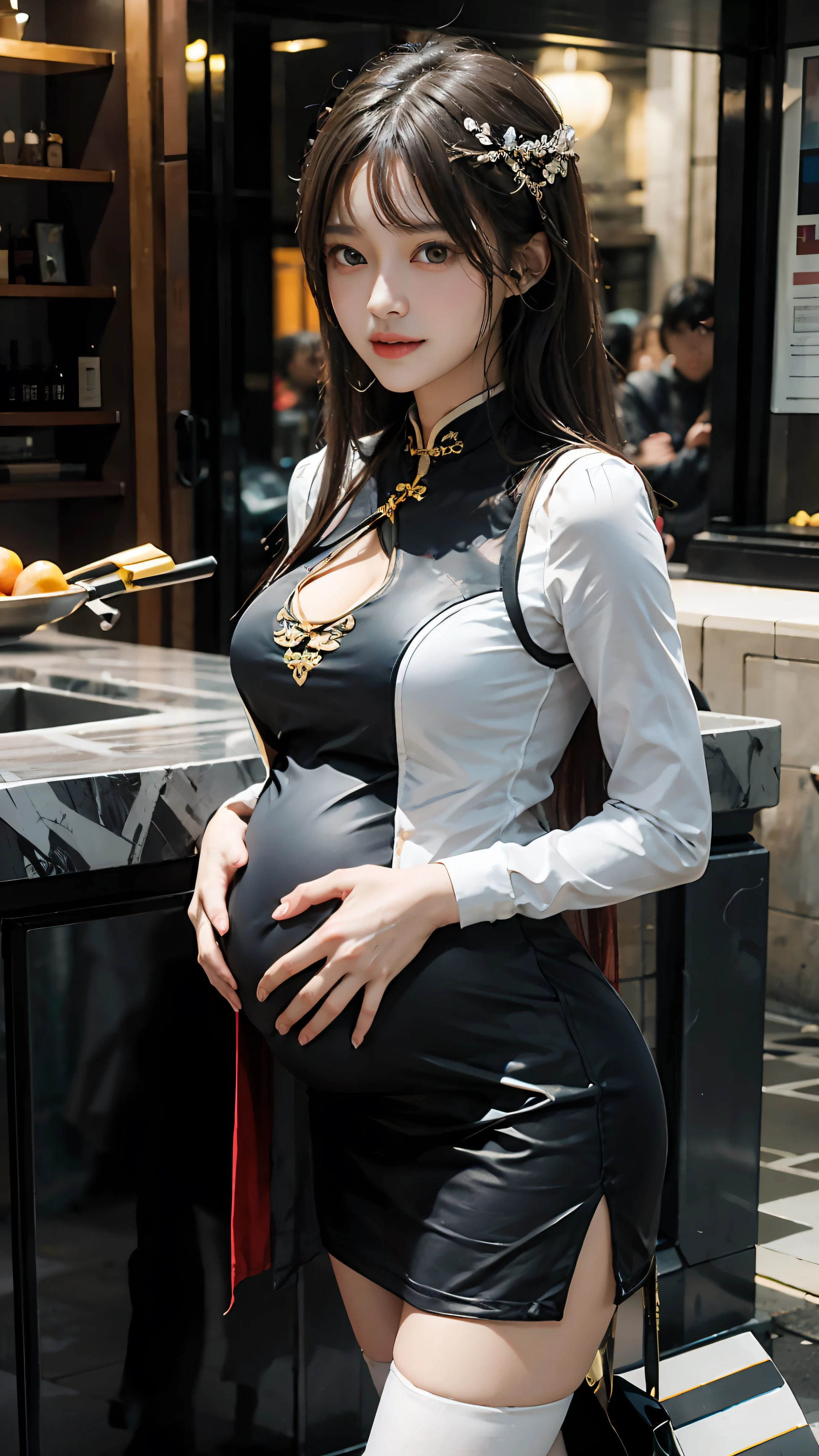tmasterpiece， （（1 pretty girl））， Best quality at best，（Realistis： 1.4）， RAW photogr，  red pupils， cinmatic lighting， ssmile， a asian beauty， Super beautiful，  Beautiful skins， （illustratio）， （A high resolution）， （8K）， （The is very detailed）， （Most Best Illustration），  （详细的脸）， audience looking， finely detailled， in the darkness nigth， deep shading， low tune， pureerosfaceace_V1， ssmile， long whitr hair， hair straight， 46-point diagonal bangs，（pregnant:0.95），（（full bodyesbian:1.6）），Delicate cheongsam，upper legs，Simetall，