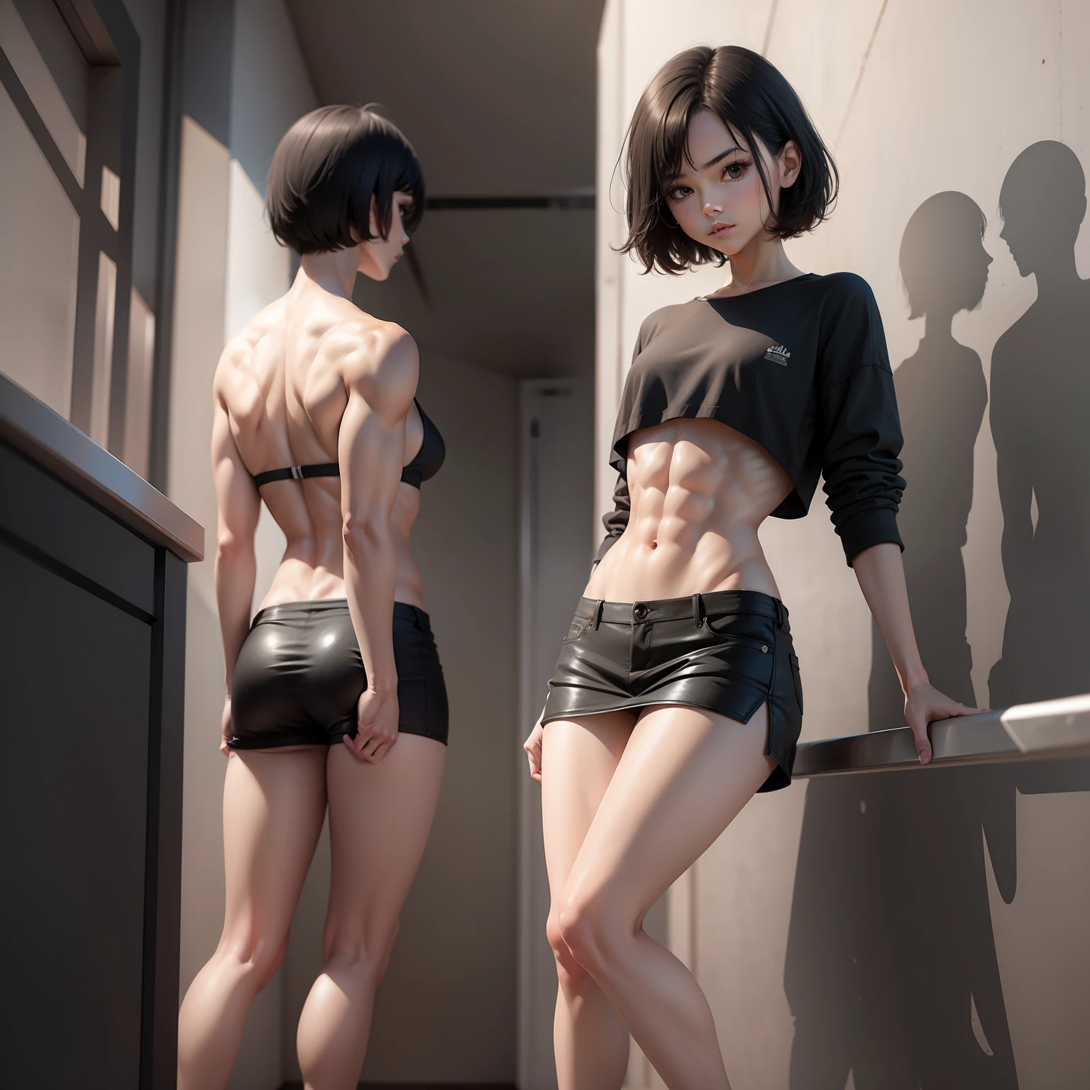 Girl with short black hair, abs, slender and strong legs，standing on your feet