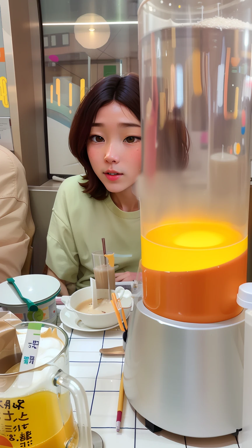 There was a woman sitting at the table,Hold a blender filled with orange juice in your hand, low quality video, low quality footage, super realistic food picture, realistic lens, .gif, mukbang, lofi-girl, spilling juice, colored milk tea, very very low quality, lofi, Eating noodles, Realistic. Cheng Yi, lofi feel, lofi aesthetics