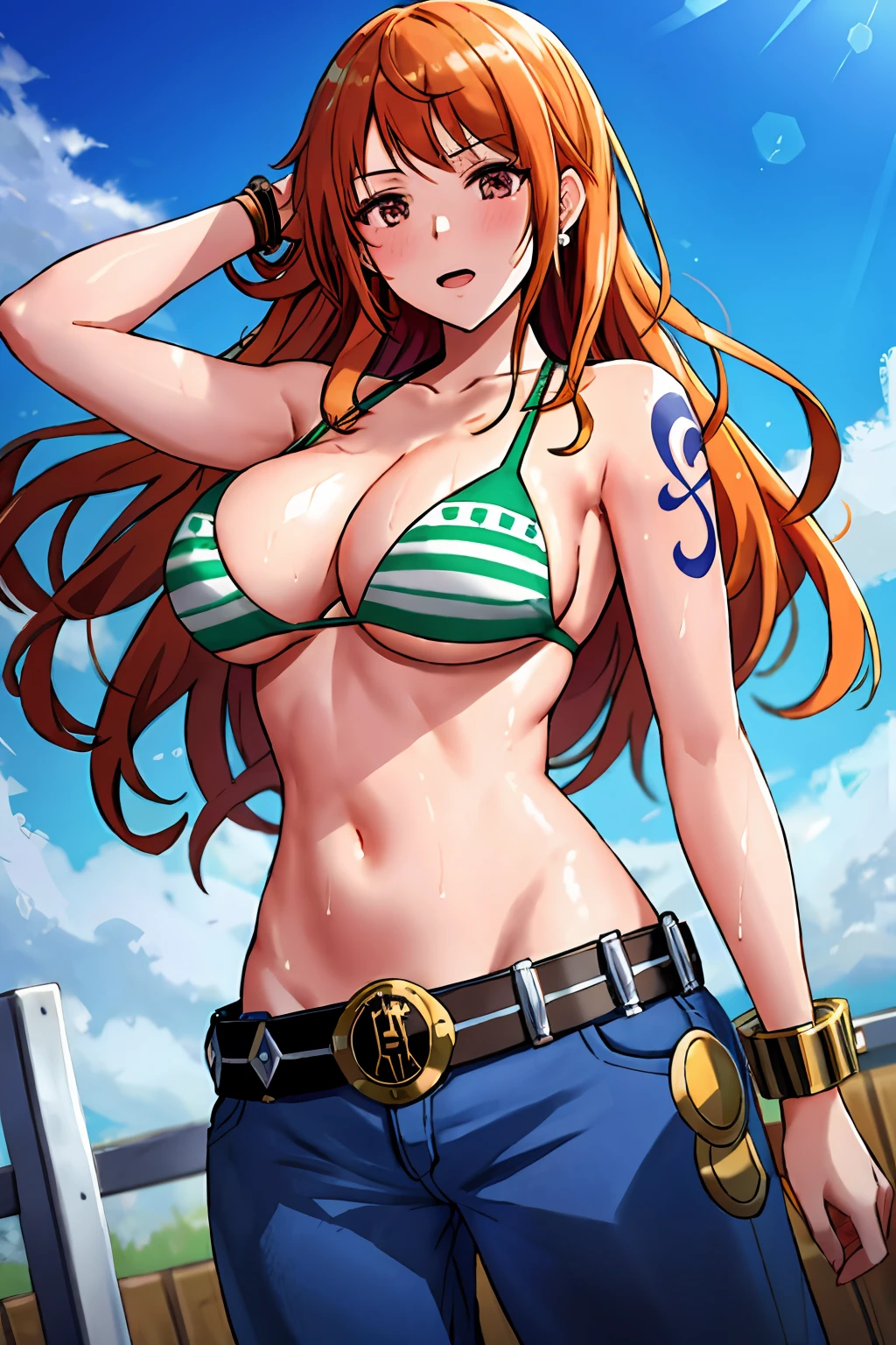 detailed background, masterpiece, 4k, best quality, late youth, adult, wrestler body, 1girl, active, energic, uppercut, (large mouth) , solo, nami \(one piece\), 1girl, bangle, (very wet, drenched in sweat, sweat all over body, very wet hair, tired, taking breath, open mouth, hand on stomach, sweaty face, sweaty body, panting, sweating too much, shiny sweat, leaning, tilting), perfect detailed face, bold drawing lines, muscular arms, detailed bold arm lines, flat jaw, adult woman, wavy wide streaked bangs, floating bang streaks, (big cheeks), bare shoulders, off-shoulders, belt, bikini, bikini top only, blue sky, bracelet, springy breasts, breast lines, big round eyes, plain big brown shiny eyes, bubbles, high eye position, cleavage, cloud, day, denim, earrings, floating hair, shiny hair, green belt, green bikini, bold groin lines, jeans, jewelry, large breasts, log pose, long hair, looking at viewer, navel, wet hair, orange hair, pants, shoulder tattoo, sidelocks, sky, solo, standing, stomach, swimsuit, tattoo , looking at viewer, open mouth, detailed left arm, big forehead, hourglass figure, small head, toned body, wide hair, wind effect, sun effect, under the sun, narrow small ears angle, older, random poses,