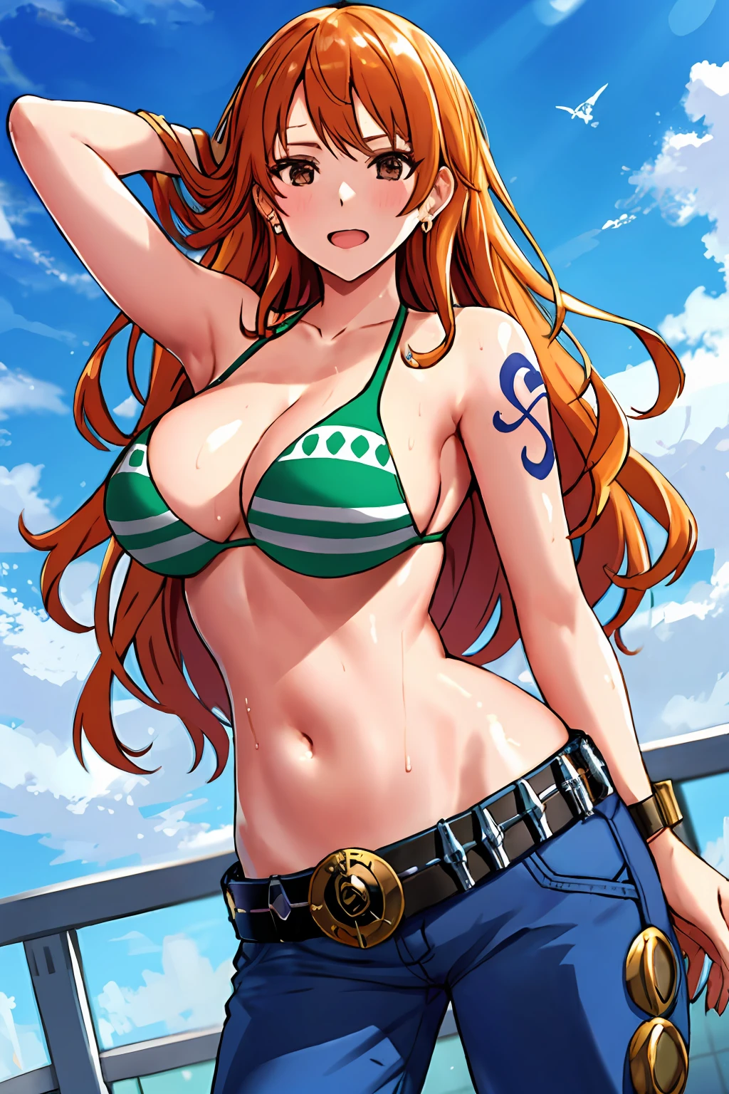 detailed background, masterpiece, 4k, best quality, late youth, adult, wrestler body, 1girl, active, energic, uppercut, (large mouth) , solo, nami \(one piece\), 1girl, bangle, (very wet, drenched in sweat, sweat all over body, very wet hair, tired, taking breath, open mouth, hand on stomach, sweaty face, sweaty body, panting, sweating too much, shiny sweat, leaning, tilting), perfect detailed face, bold drawing lines, muscular arms, detailed bold arm lines, flat jaw, adult woman, wavy wide streaked bangs, floating bang streaks, (big cheeks), bare shoulders, off-shoulders, belt, bikini, bikini top only, blue sky, bracelet, springy breasts, breast lines, big round eyes, plain big brown shiny eyes, bubbles, high eye position, cleavage, cloud, day, denim, earrings, floating hair, shiny hair, green belt, green bikini, bold groin lines, jeans, jewelry, large breasts, log pose, long hair, looking at viewer, navel, wet hair, orange hair, pants, shoulder tattoo, sidelocks, sky, solo, standing, stomach, swimsuit, tattoo , looking at viewer, open mouth, detailed left arm, big forehead, hourglass figure, small head, toned body, wide hair, wind effect, sun effect, under the sun, narrow small ears angle, older, random poses,