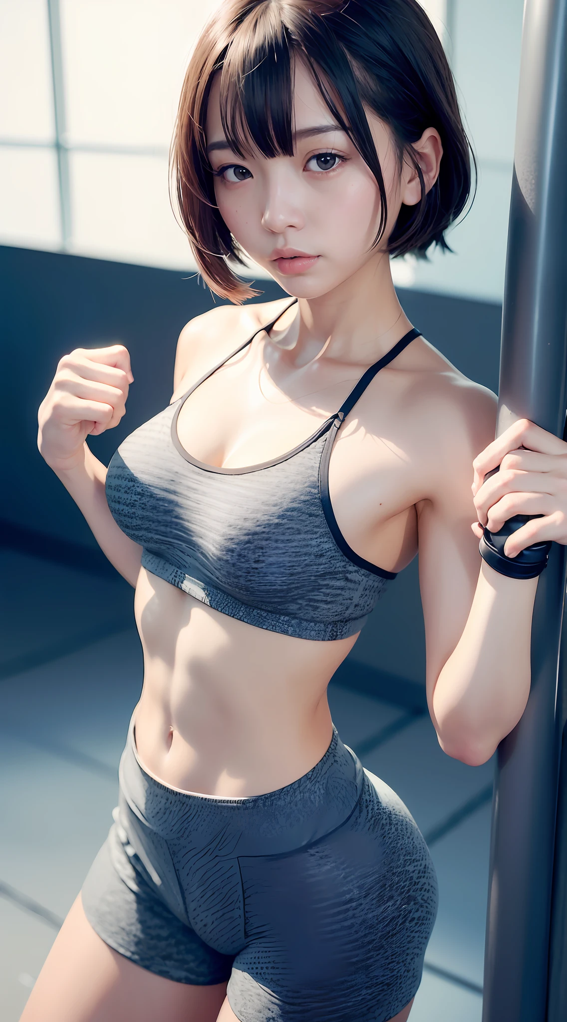 Good hands、4K、女の子1人、) RAW portrait of girl exercising in gym)、Hi-Res、​masterpiece、top-quality、Cap:1.3、(japanes) 、long、Very cute、finely detailed skin、Focusing、(the morning sun)、鎖骨、Soft lighting、dynamic ungle、[: (A detailed face:1.2): 0.2]、Thigh Gaps、Slim body、(m breasts))、full body Esbian、(Gym clothes)、(gym shorts)、Tank Tops、Gym background、Gym Equipment、(animesque、Official_Art Book: 1.1)、(anime screenshot:1.1)、(Girl 1、solofocus:1.2)、(Fisheye:0.9)、Ray traching:0.5、depth of fields:1.0、Bokeh:0.6、Gold Ray:1.0、vivd colour:0.8、cinematic hard lighting:0.7、real shadow:1.2、