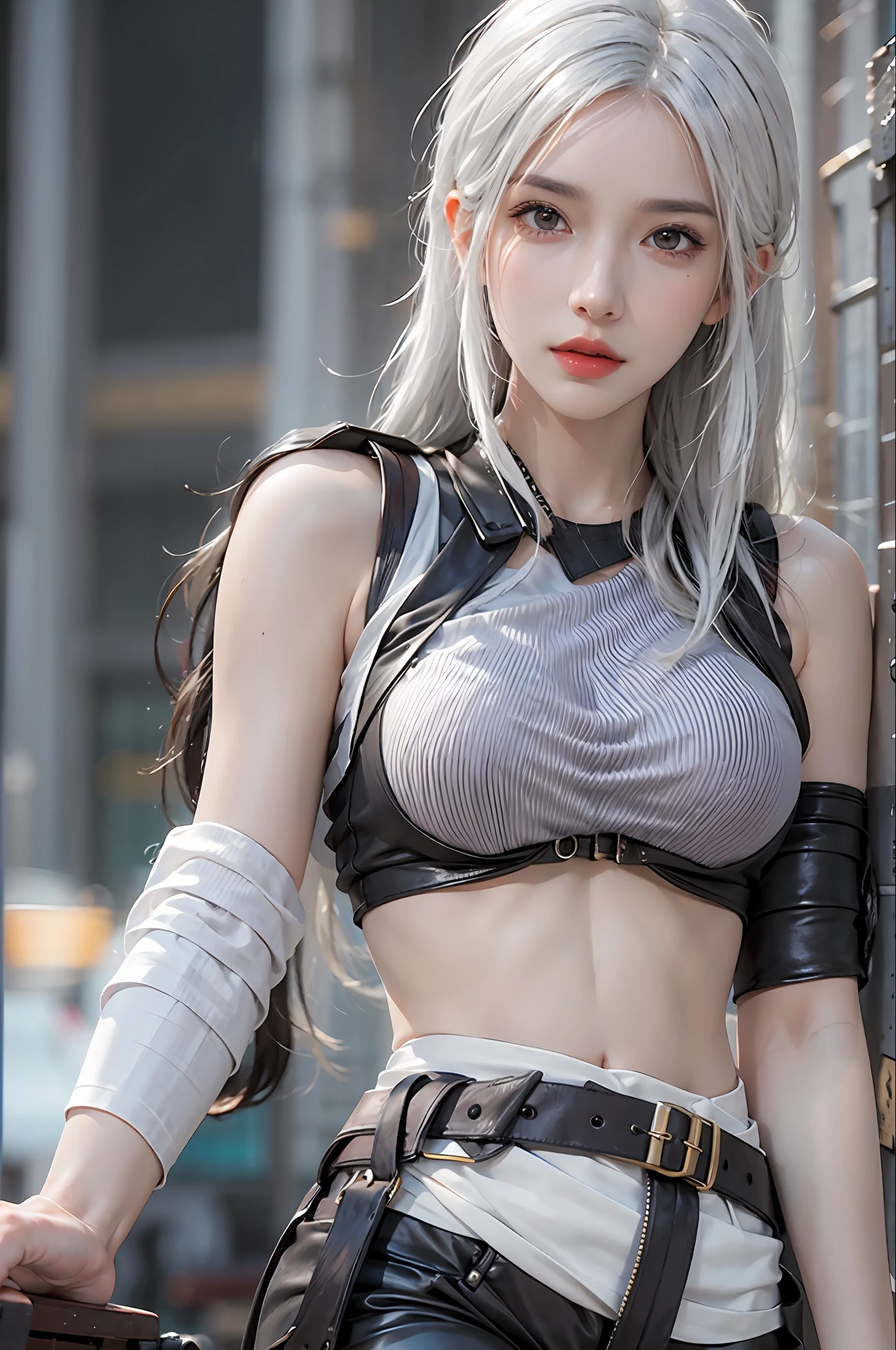 photorealistic, high resolution, 1 women, solo, hips up, look at viewer, (detailed face), white hair, long hair, cosplayer, tifa
