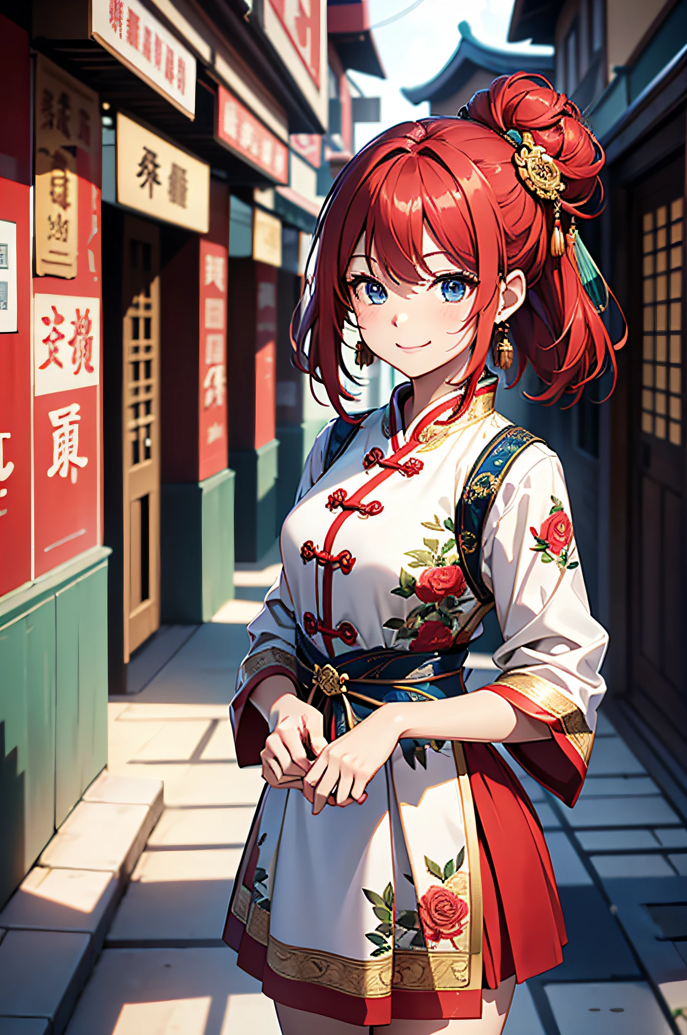 (top-quality、8K、32K、masterpiece、nffsw、ighly detailed:1.2)、Full body, Chinese Restaurant、Carry dishes、beauitful face、blurry backround、20-year-old beauty、shinny skin、Red color hair、short-hair、Double bun、Blue eyes、Chinese clothing、Floral hair ornament、miscievous smile、