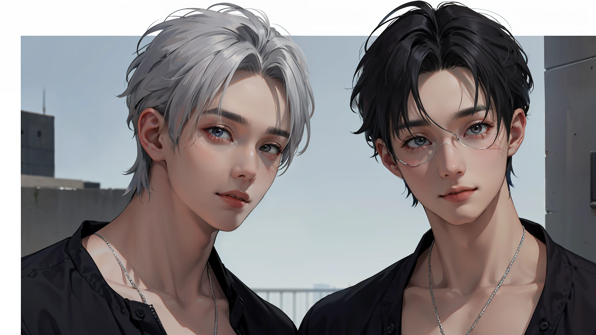 In the background is a silver city Two 15-year-old teenage friends with blue hair, With Latin skin and light gray hair on the outskirts of a large silver city they are talking about an important topic they are friends almost like brothers............