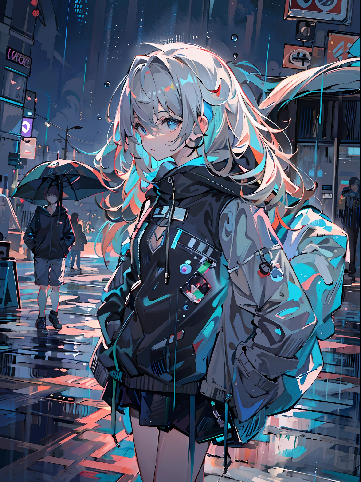 8K分辨率、((top-quality))、((​masterpiece))、((ultra-detailliert))、1 woman、独奏、incredibly absurdness、Oversized hoodies、headphones、Street、plein air、Rain at night、neons、Shortcut Hair、Brightly colored eyes、Hands in pockets、shortpants、water dripping
