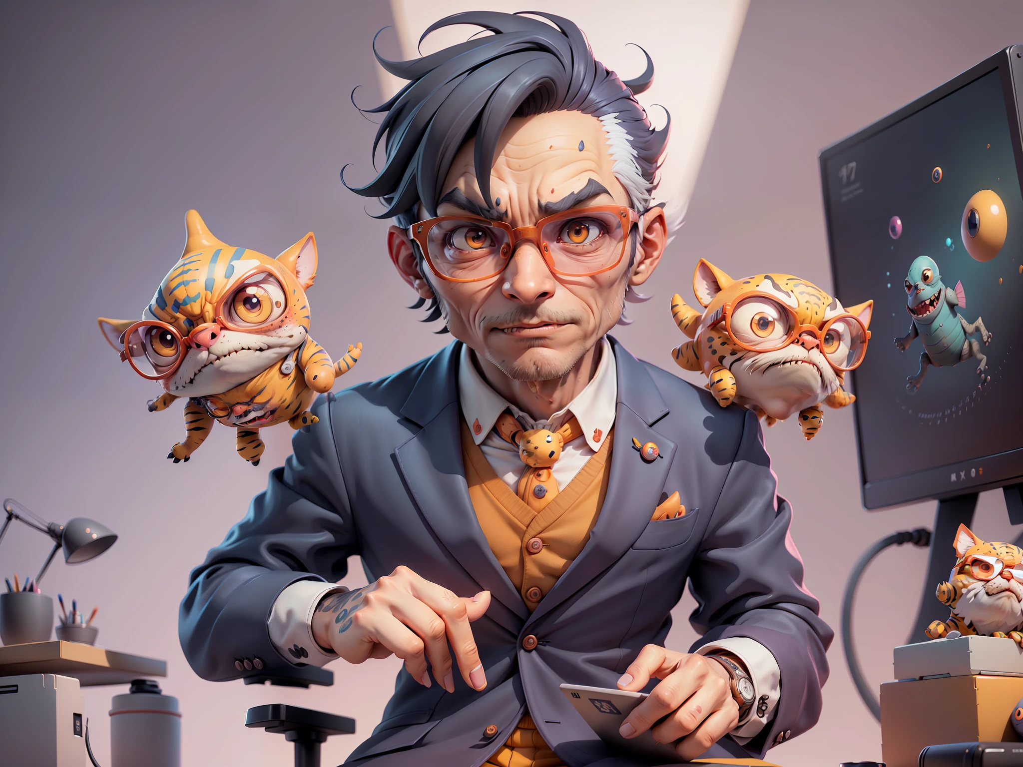 A young man in a suit, Short hair and glasses sat at his desk，holding laptop，digitial painting，tigre，3D character design by Mark Clairen and Pixar and Hayao Miyazaki and Akira Toriyama，4K HD illustration，Very detailed facial features and cartoon-style visuals。