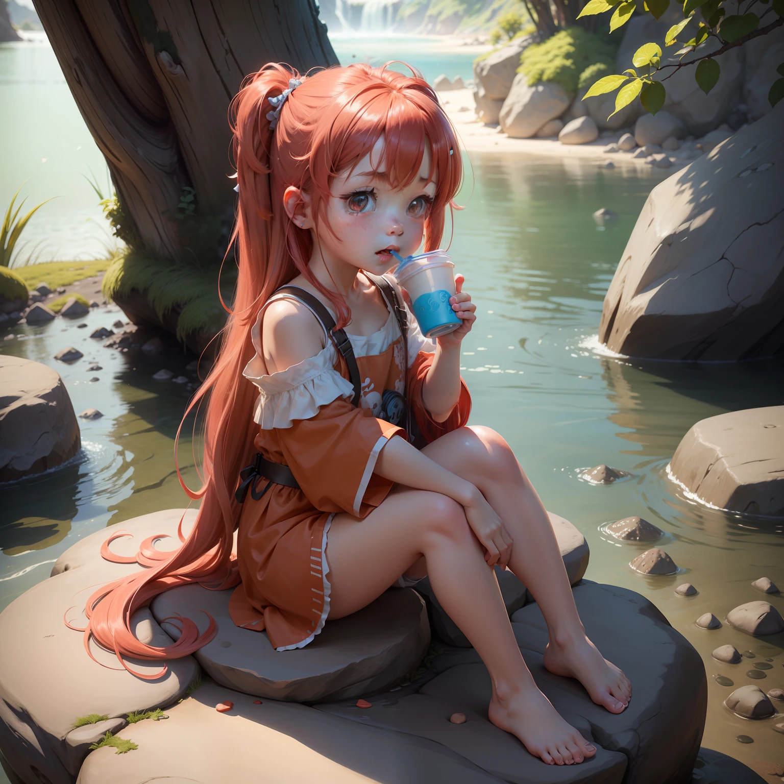 (Extremely detailed CG unified 4K wallpaper),blind box toy style,A cute little girl,red tinted hair,Shoulder-length hair is medium-long,Happy,Light blue clean background,Sit on a rock,avatar close up,drinking milktea。
