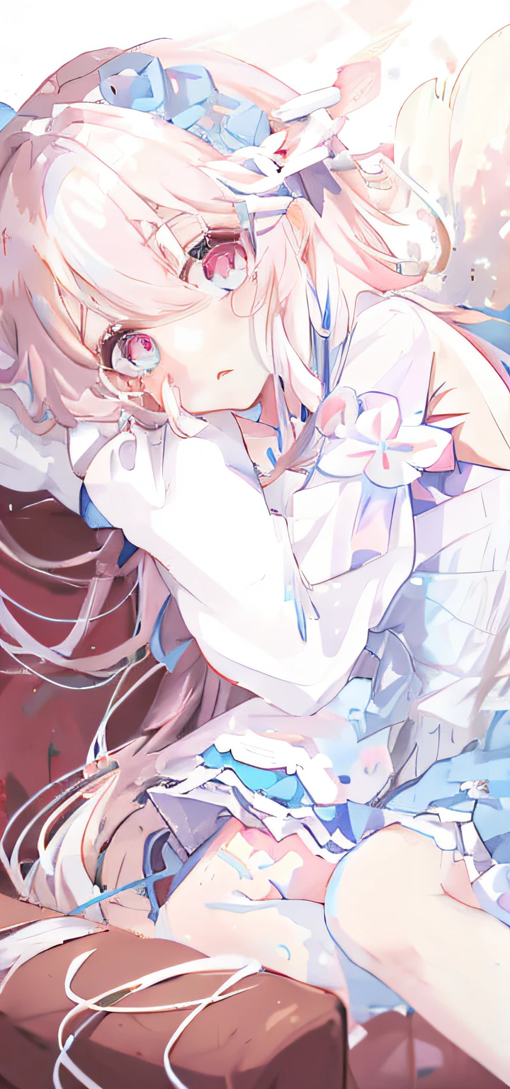 Anime girl with long white hair and blue dress lying on sofa, loli in dress, small curvaceous loli, Splash art anime Loli, anime visual of a cute girl, Soft anime illustration, nightcore, clean and meticulous anime art, cute anime waifu in a nice dress, small loli girl, Cute anime girl, the anime girl is crouching